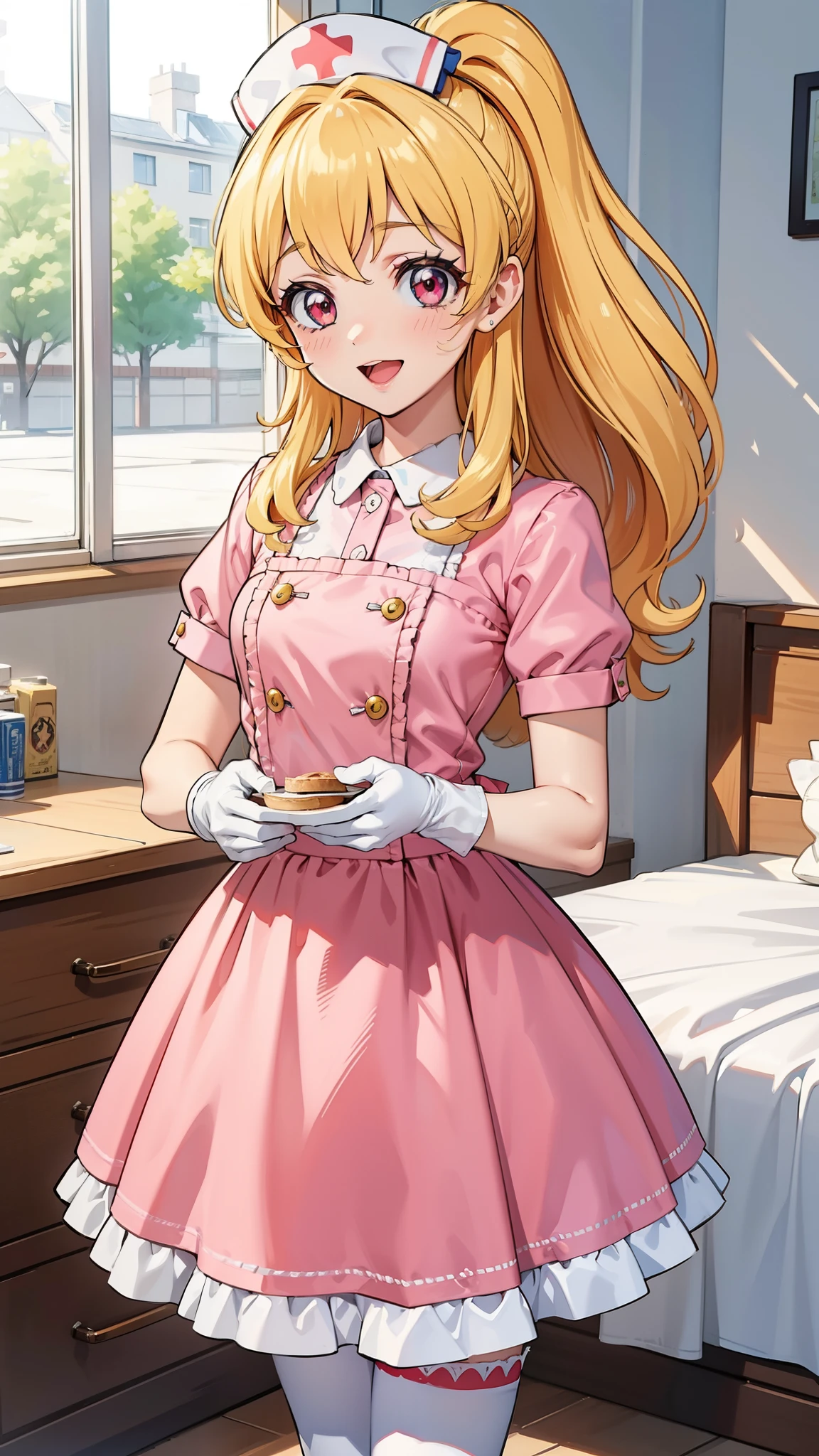 aikatsu,Blonde_HAIR,RED_HAIR_bandmasterpiece,best quality,ultra-detailed,super detailed skin,an extremely delicate and beautiful,beautiful detailed eyes,in1, side ponytail, long hair, solo, nurse, ((white nurse cap, white nurse's outfit)), ((white legwear, zettai ryouiki)), white gloves, smile, open mouth, standing, hospital room, sharp outline, short sleeves, best quality, masterpiece