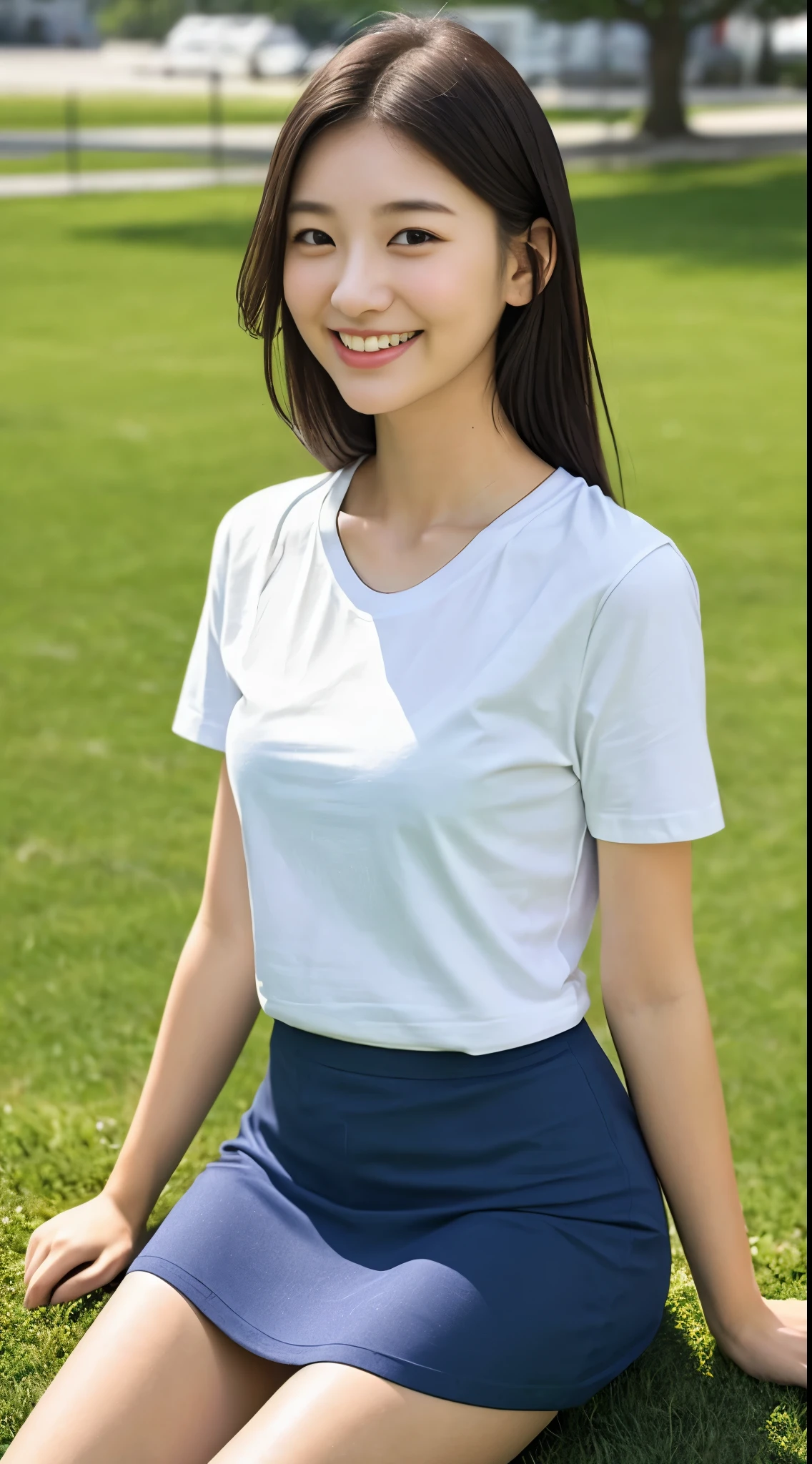 Neat female college student、(white t-shirt、The skirt is dark blue、short sleeve)、Outside the field、(turned into slime)、Photoreal、detailed, skin texture, 超detailedな、delicate and sexy clavicle、laughter、超detailedな顔、唇のdetailed、detailed eye、double eyelid、small breasts、Smaller chest、mall、flat chest、chest enhancement