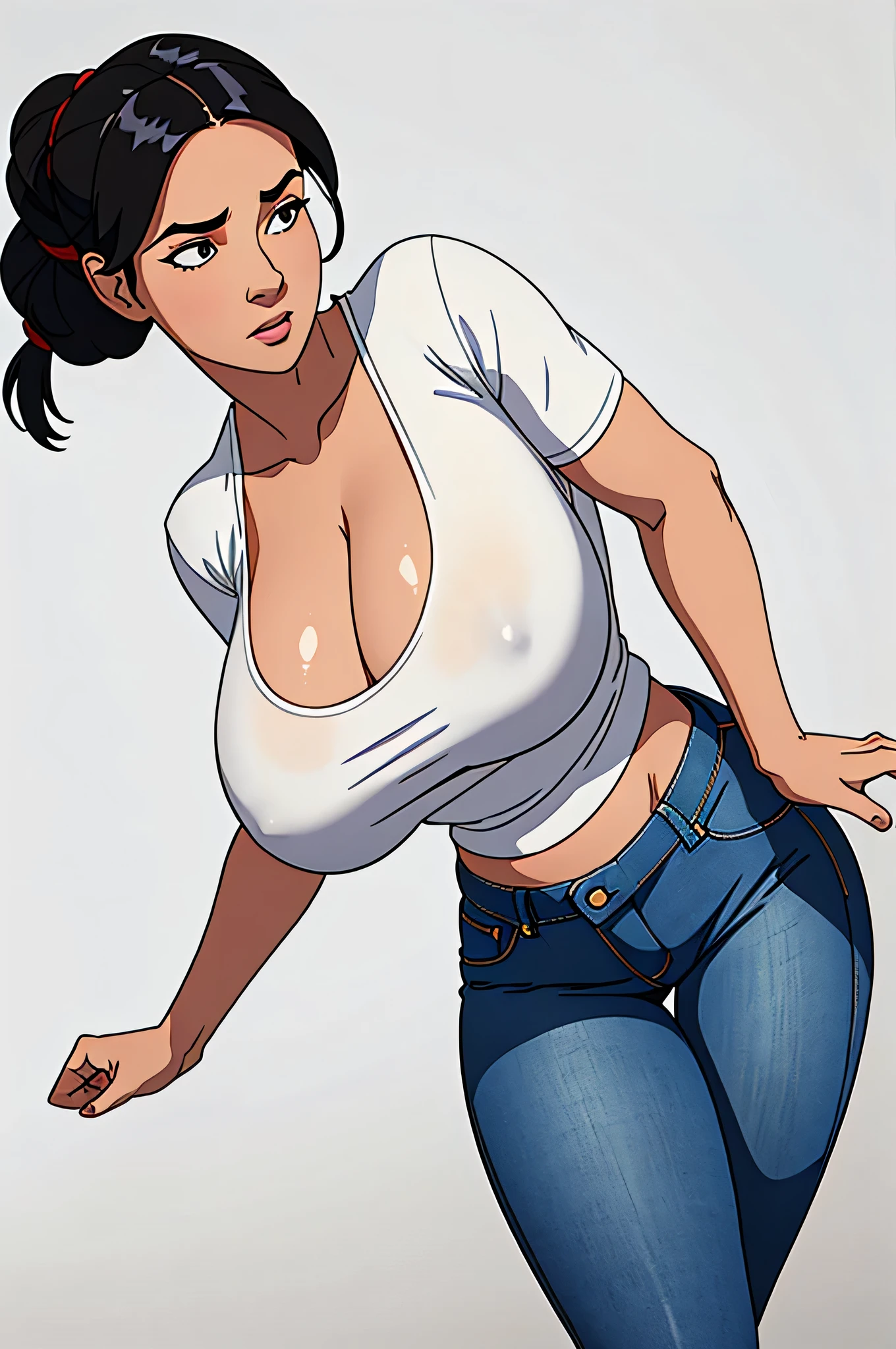 Mulher de 40 anos com pele branca, seios gigantes com decote, , coxas enormes, corpo sensual, longos cabelos pretos amarrados, , 8k rendering resolution, pelos pubianos, sem usar calcinha, blusa justa com decote baixo, Jeans muito justos, pano de fundo todo branco