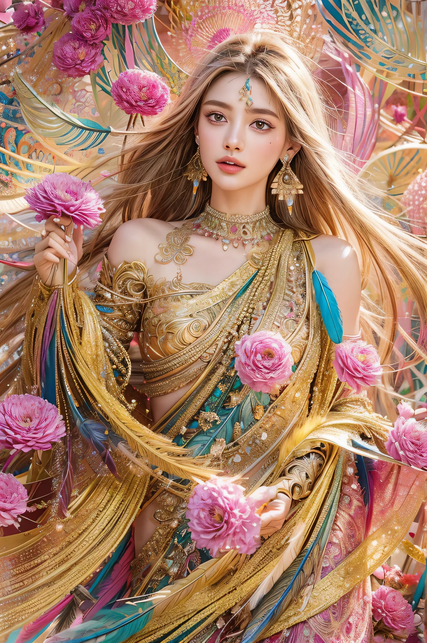 A girl with small breasts, bare shoulders, golden hair, colored feathers, metal ornaments, colored flowers, particles, light rayasterpiece, top quality, best quality, official art, beautiful and aesthetic:1.2), (1girl:1.3), extremely detailed,(fractal art:1.1),(colorful:1.1)(flowers:1.3),highest detailed,(zentangle:1.2), (dynamic pose), (abstract background:1.3), (shiny skin), (many colors :1.4), ,(earrings:1.4), (feathers:1.4)