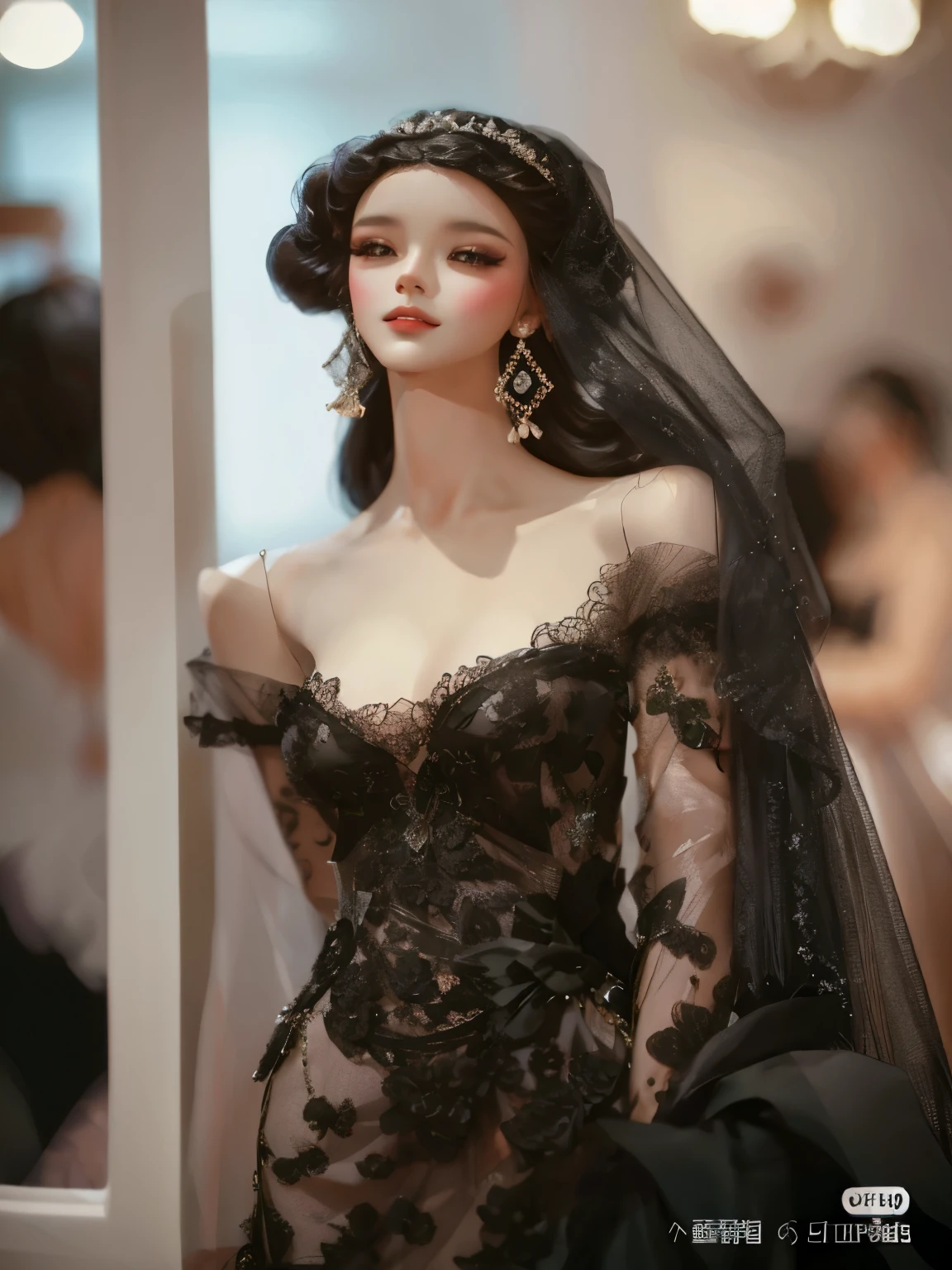 a close up of a mannequin wearing a black dress and veil, wearing a beautiful dress, Beautiful, delicate and elegant, on a mannequin. high quality, Dreamy intricate long gown, Dressed in black lace, Very detailed and rich costumes, Detailed clothing and face shape, black dress, gorgeous lady, Sexy dresses, Gorgeous figure, Exquisite and beautiful, porcelain japanese mannequins, mannequin