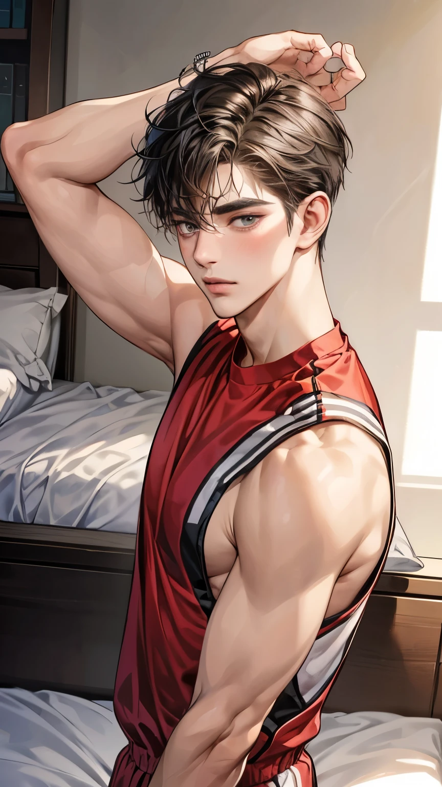masterpiece, ((a beautiful man)), bed, short hair, He wears sportswear that does not show nipples, Handsome guy, blush