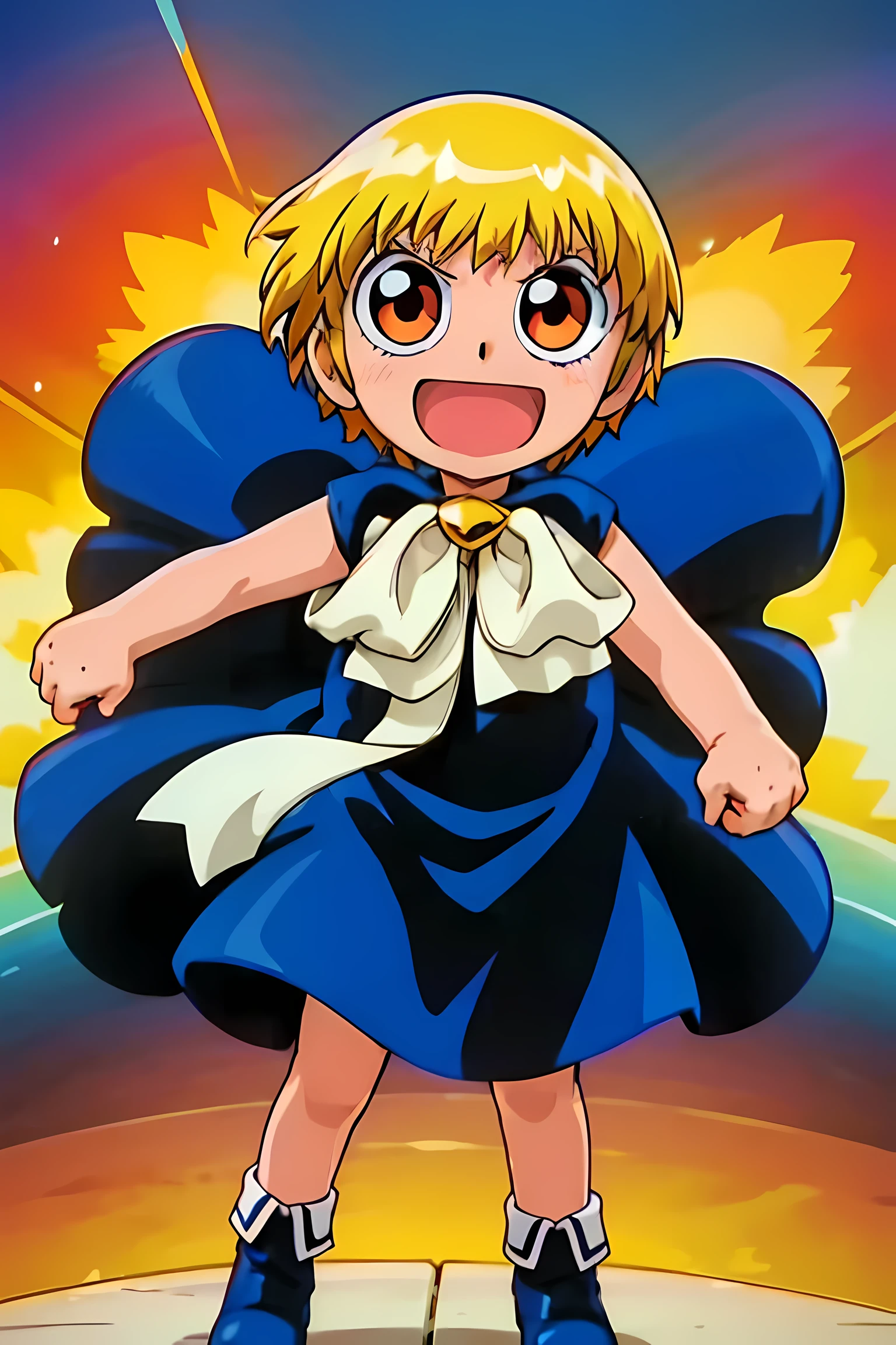 (highest quality:1.3),(ultra-be familiar with:1.5),High resolution,extremely be familiar with CG,unity 8k wallpaper,official art,be familiar with,super be familiar with skin,perfect anatomy,beautiful be familiar with eyes,((anime screenshot)),very delicate and beautiful,comics,90s anime,90s anime style,cel shaded anime,alone, 1 boy, whole body, orange eyes, blonde hair, short hair, gouache, black cloak, white ribbon, Big eyes, blue shoes, lightning,((5 boy:1.52)),open mouth smile