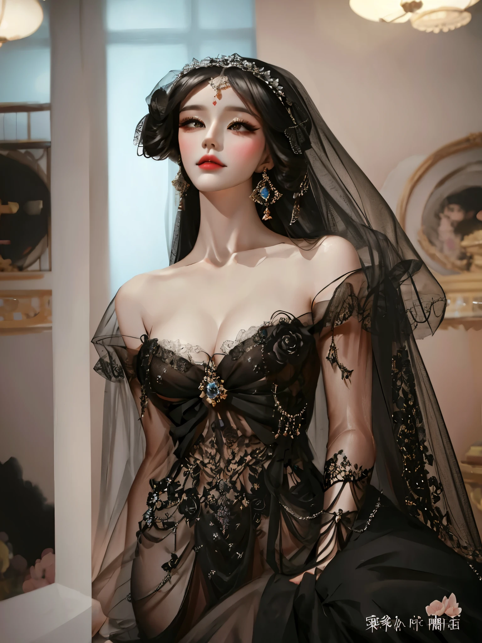 a close up of a mannequin wearing a black dress and veil, wearing a beautiful dress, Beautiful, delicate and elegant, on a mannequin. high quality, Dreamy intricate long gown, Dressed in black lace, Very detailed and rich costumes, Detailed clothing and face shape, black dress, gorgeous lady, Sexy dresses, Gorgeous figure, Exquisite and beautiful, porcelain japanese mannequins, mannequin