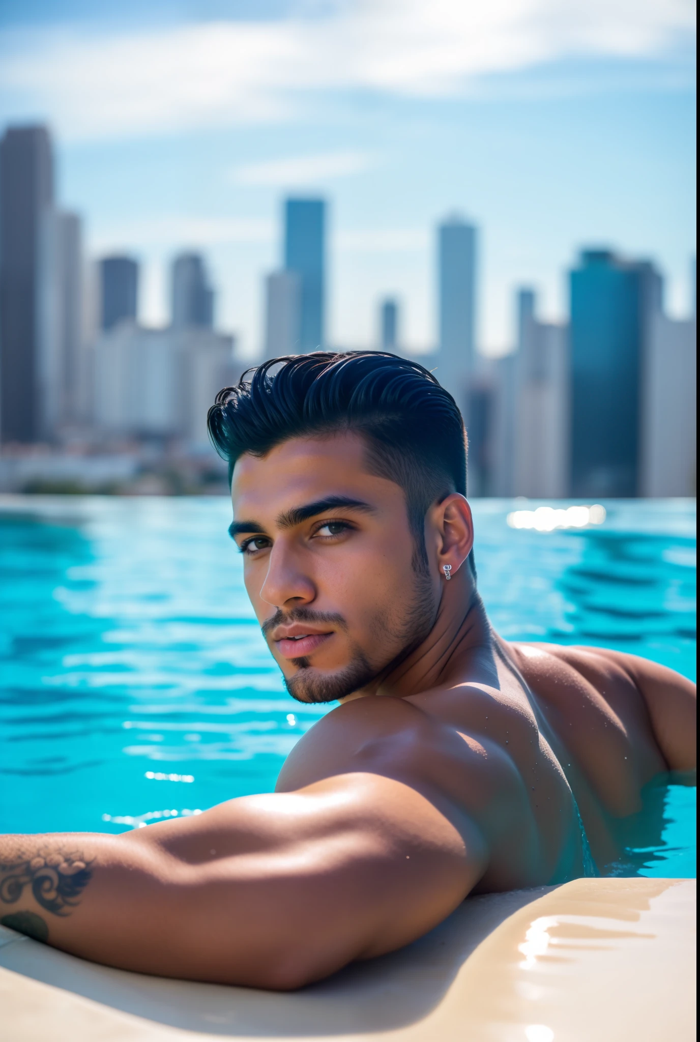 homem (magro) arafiado em uma piscina com uma cidade ao fundo, by the pool, em uma piscina luxuosa, Foto de perfil, Modelo masculino, rosto oblongo, ((mulato brasileiro)),short shaved hair size 3 centimeters,head and shoulders photography, fotografia de modelagem, por Robbie Trevino, Joel Torres, foto impressionante, manuel sanjulianblue, modeling session, retrato editorial, very artistic pose, filmagem em close-up