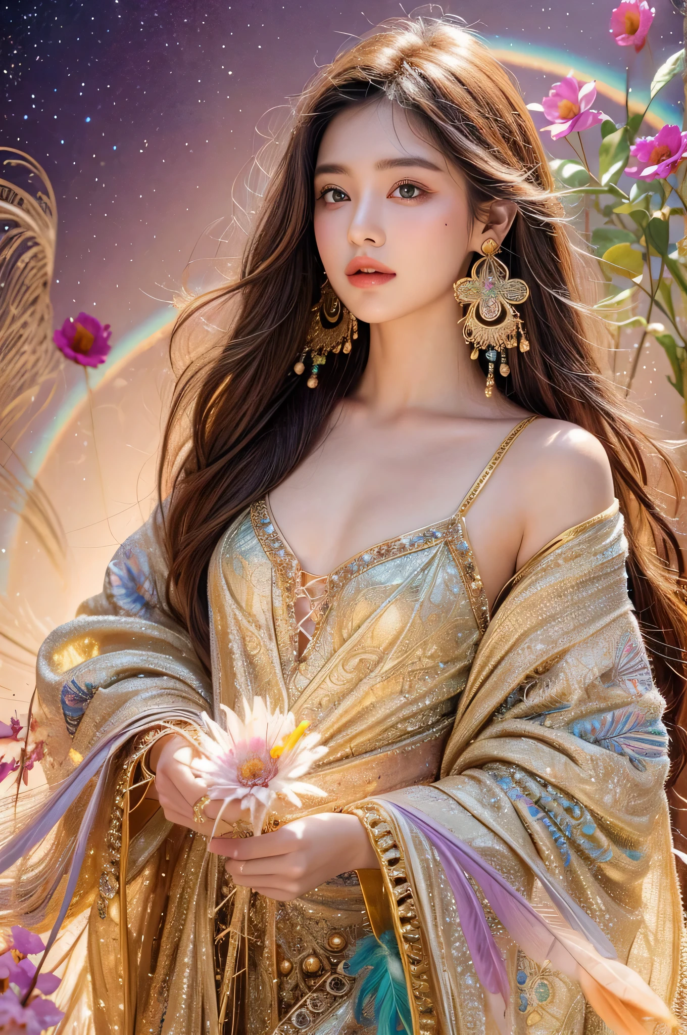 highest quality、highest quality、official art、beautiful beautiful:1.2)、(1 girl:1.3)、small breasts、bare shoulders、golden hair、Color featheretal ornaments、flower of color、particle、Ray Star Piece of Light、highly detailed girl 、(fractal art:1.1)、(colorful:1.1)(flower:1.3)、most detailed、(zentangle:1.2)、(dynamic pose)、(abstract background:1.3)、(shiny skin)、(many colors:1.4 )、(view audience)、(earrings:1.4)、(feather:1.4),