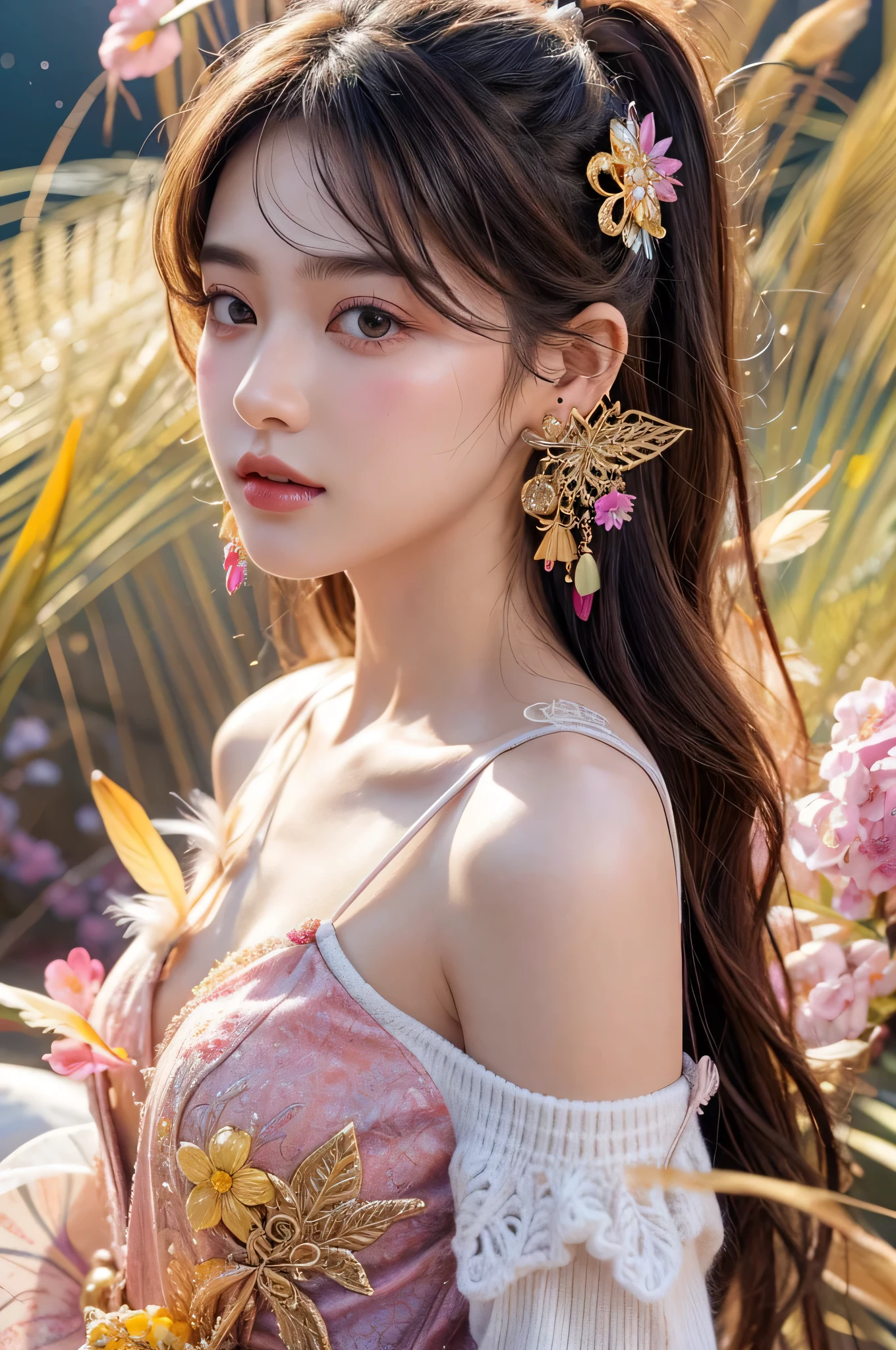 highest quality、highest quality、official art、beautiful beautiful:1.2)、(1 girl:1.3)、small breasts、bare shoulders、golden hair、Color featheretal ornaments、flower of color、particle、Ray Star Piece of Light、highly detailed girl 、(fractal art:1.1)、(colorful:1.1)(flower:1.3)、most detailed、(zentangle:1.2)、(dynamic pose)、(abstract background:1.3)、(shiny skin)、(many colors:1.4 )、(view audience)、(earrings:1.4)、(feather:1.4),