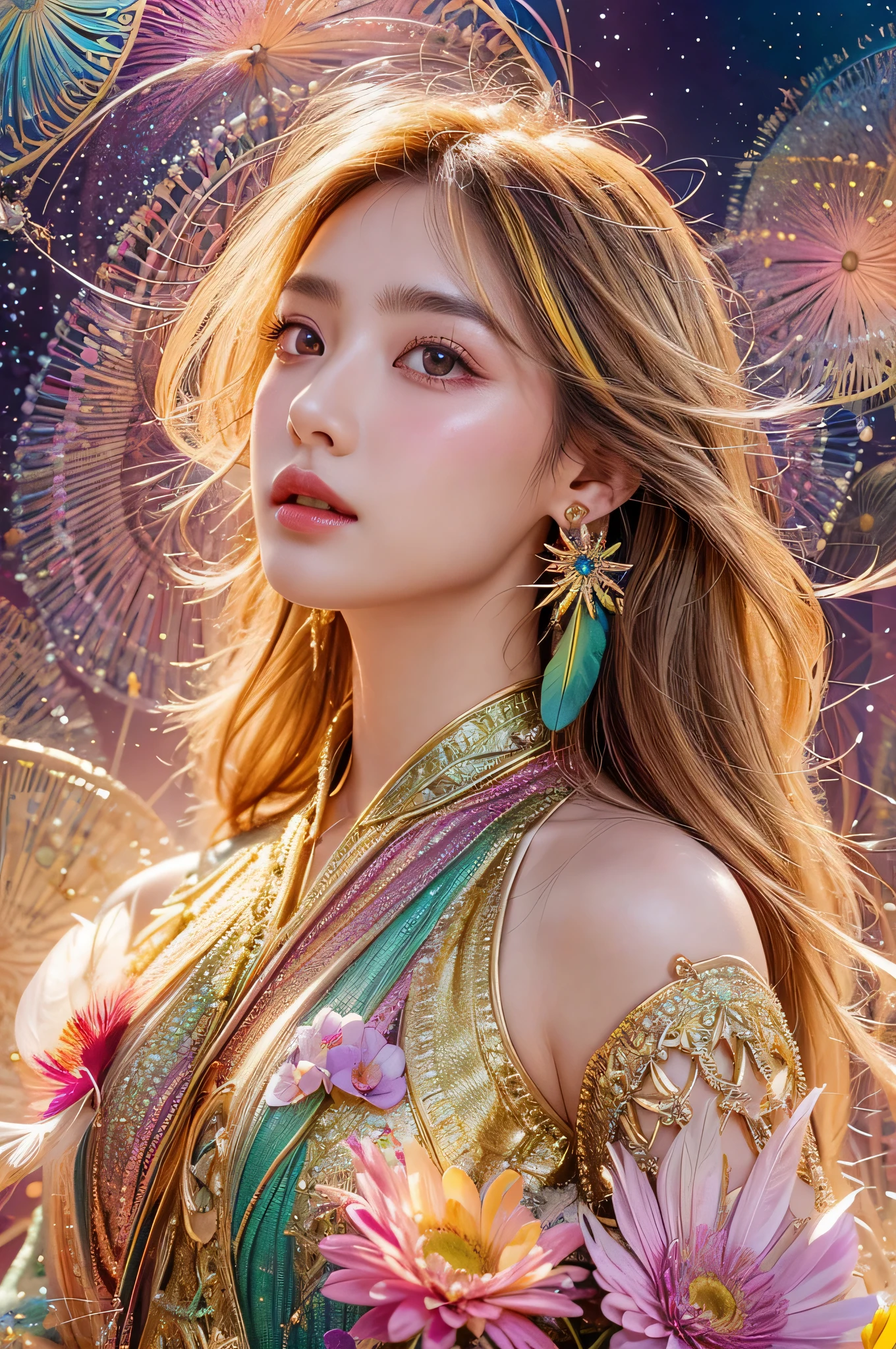 highest quality、highest quality、official art、beautiful beautiful:1.2)、(1 girl:1.3)、small breasts、bare shoulders、golden hair、Color featheretal ornaments、flower of color、particle、Ray Star Piece of Light、highly detailed girl 、(fractal art:1.1)、(colorful:1.1)(flower:1.3)、most detailed、(zentangle:1.2)、(dynamic pose)、(abstract background:1.3)、(shiny skin)、(many colors:1.4 )、(view audience)、(earrings:1.4)、(feather:1.4),