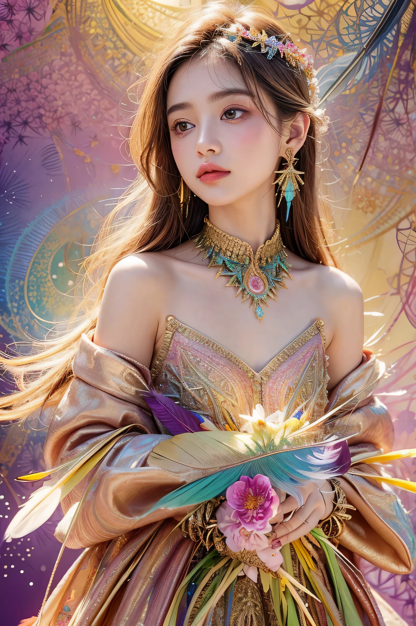 highest quality、highest quality、official art、beautiful beautiful:1.2)、(1 girl:1.3)、small breasts、bare shoulders、golden hair、Color featheretal ornaments、flower of color、particle、Ray Star Piece of Light、highly detailed girl 、(fractal art:1.1)、(colorful:1.1)(flower:1.3)、most detailed、(zentangle:1.2)、(dynamic pose)、(abstract background:1.3)、(shiny skin)、(many colors:1.4 )、(view audience)、(earrings:1.4)、(feather:1.4),