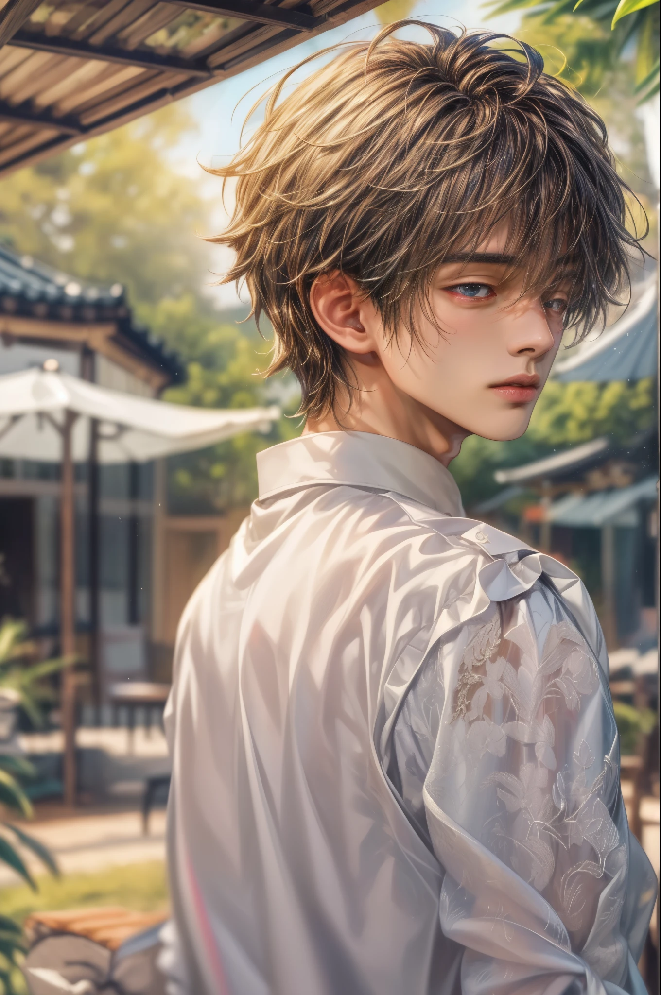 (absurdres, highres, ultra detailed, HDR), masterpiece, best quality, Netflix series Singles Inferno character, handsome young boy, short hair, korean handsome face, anime eyes, detailed scenery of a private resort, detailed character