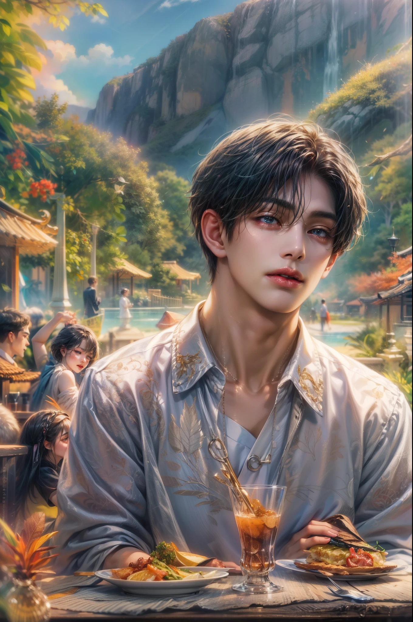 (absurdres, highres, ultra detailed, HDR), masterpiece, best quality, Netflix series Singles Inferno character, handsome young boy, short hair, korean handsome face, anime eyes, detailed scenery of a private resort, detailed character