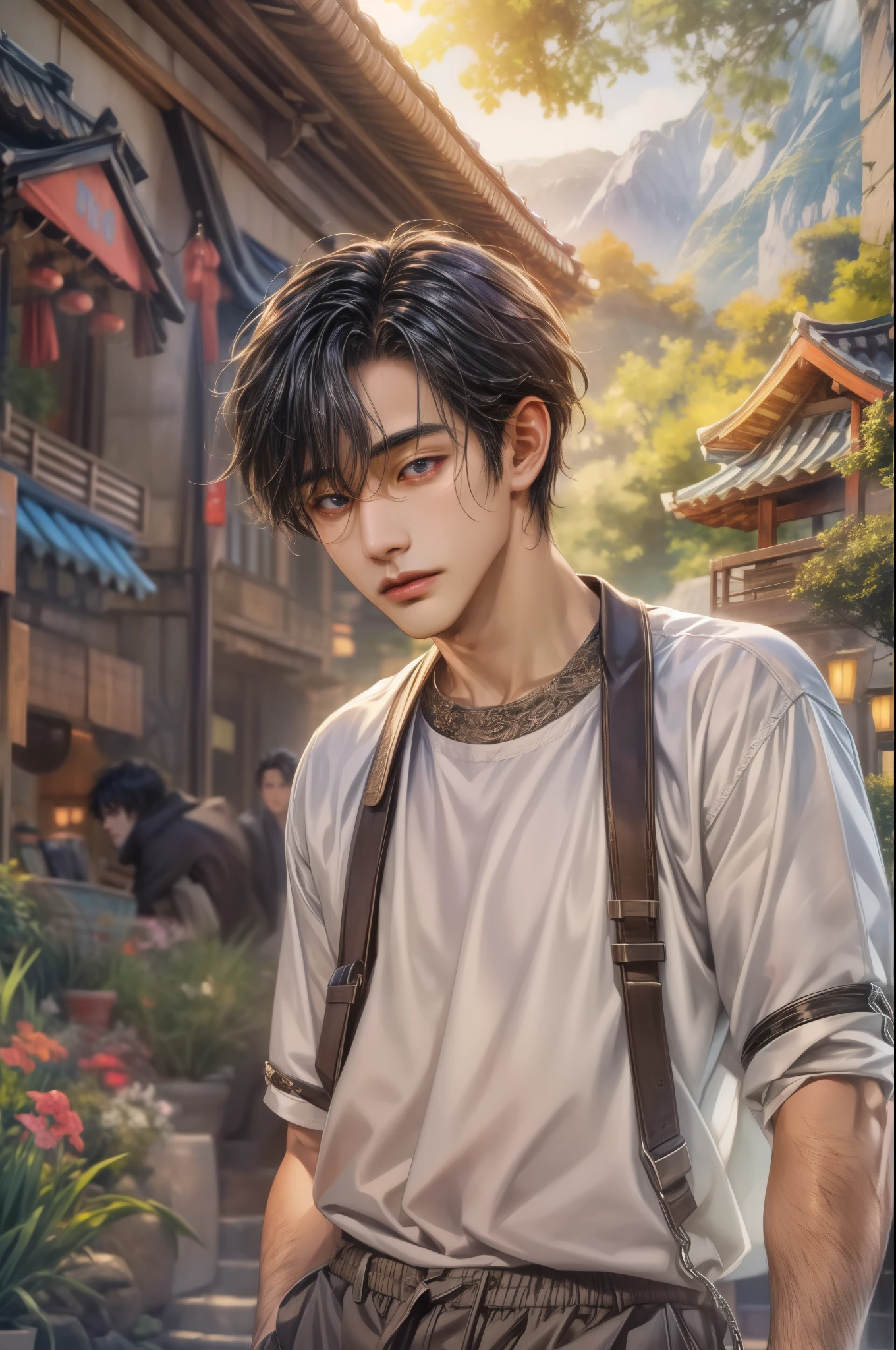 (absurdres, highres, ultra detailed, HDR), masterpiece, best quality, Netflix series Singles Inferno character, handsome young boy, short hair, korean handsome face, anime eyes, detailed scenery of a private resort, detailed character