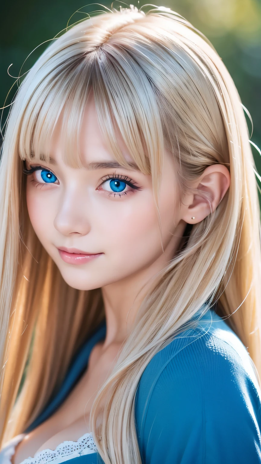 muste piece, best quality, illustration, super detailed details, High resolution, 8K wallpaper, perfect dynamic composition, Beautiful detailed sparkling bright light blue big eyes, very big eyes、ladies&#39; fashion、super long blonde hair,small breasts、natural color lip, bold sexy pose,shy smile,Harajuku style、15 year old beautiful girl、cute type、sexy shot looking at camera