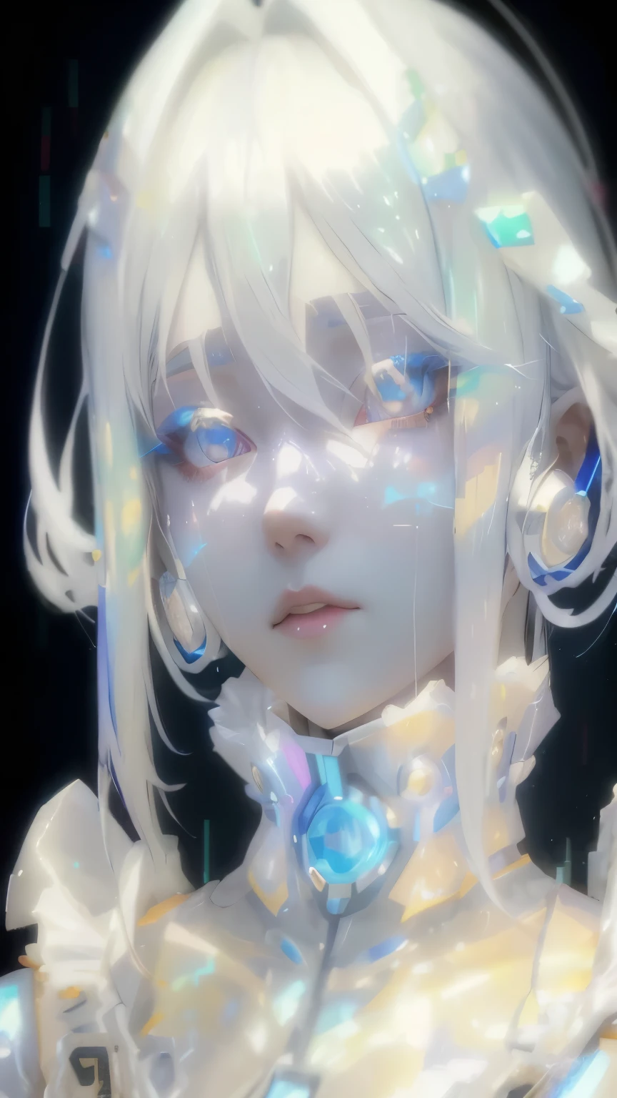 Anime girl Crystal with white hair and blue eyes in a shiny outfit., detailed digital anime art, Artwork in the style of gouache, Psychedelic and dreamy anime, digital cyberpunk - anime art, Digital Cyberpunk Anime Art, digital anime art, Intricate, elegant cgi anime style., Inspiration from Yan Juncheng, Digital art on Pixiv, Anime style digital art, digital anime illustration