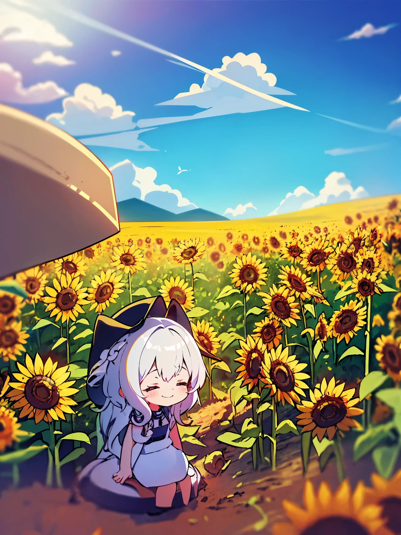 best quality，（cute：1.1），（cute），（High resolution：1.2），ผู้หญิงcute ，sit，Wear a white hat. ,In the middle of a field of sunflowers, go for a walk, Look over here., smile, shy, white hair, sunny day, background mountain, 