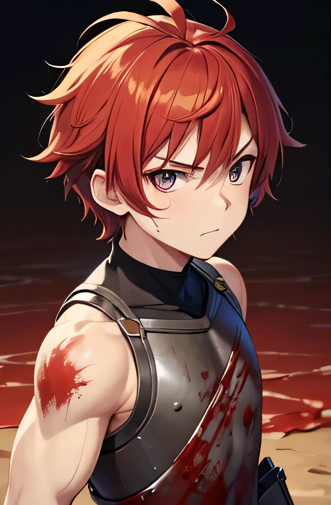 anime screenshot, very beautiful detailed anime face and eyes, incredibly detailed, whole body,
boy, , cute, Under 10 years old, whole body, redhead, short hair, expression of anger, muscular, pale and tanned skin, (nipple), (Sengoku era armor), (have a sword), (battlefield), (Blood) wet body), (Body with many scars), (high resolution), (High precision)