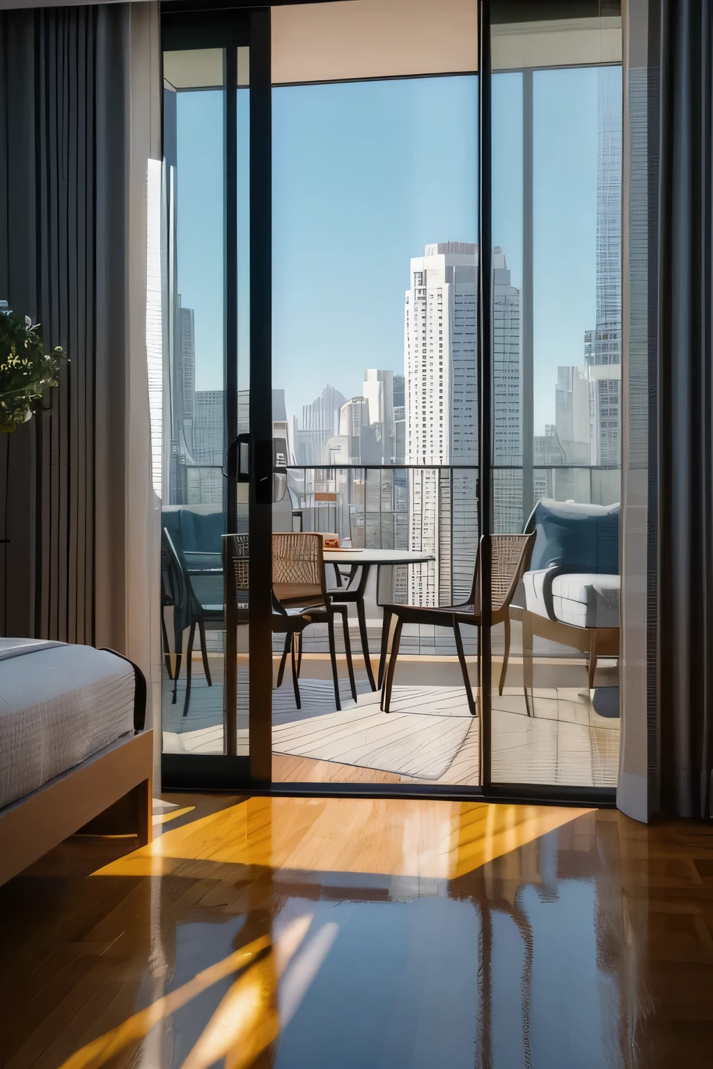 Gorgeous sci-fi bedroom mat painting by John Harris, Sparse and Greg Rutkowski. sharp edges, tiffany blue, gray orange, White and golden. Sci-fi bedroom in a space base, The cityscape of the future outside the window, light effect. very clear details, 3D, octane rendering. 8k