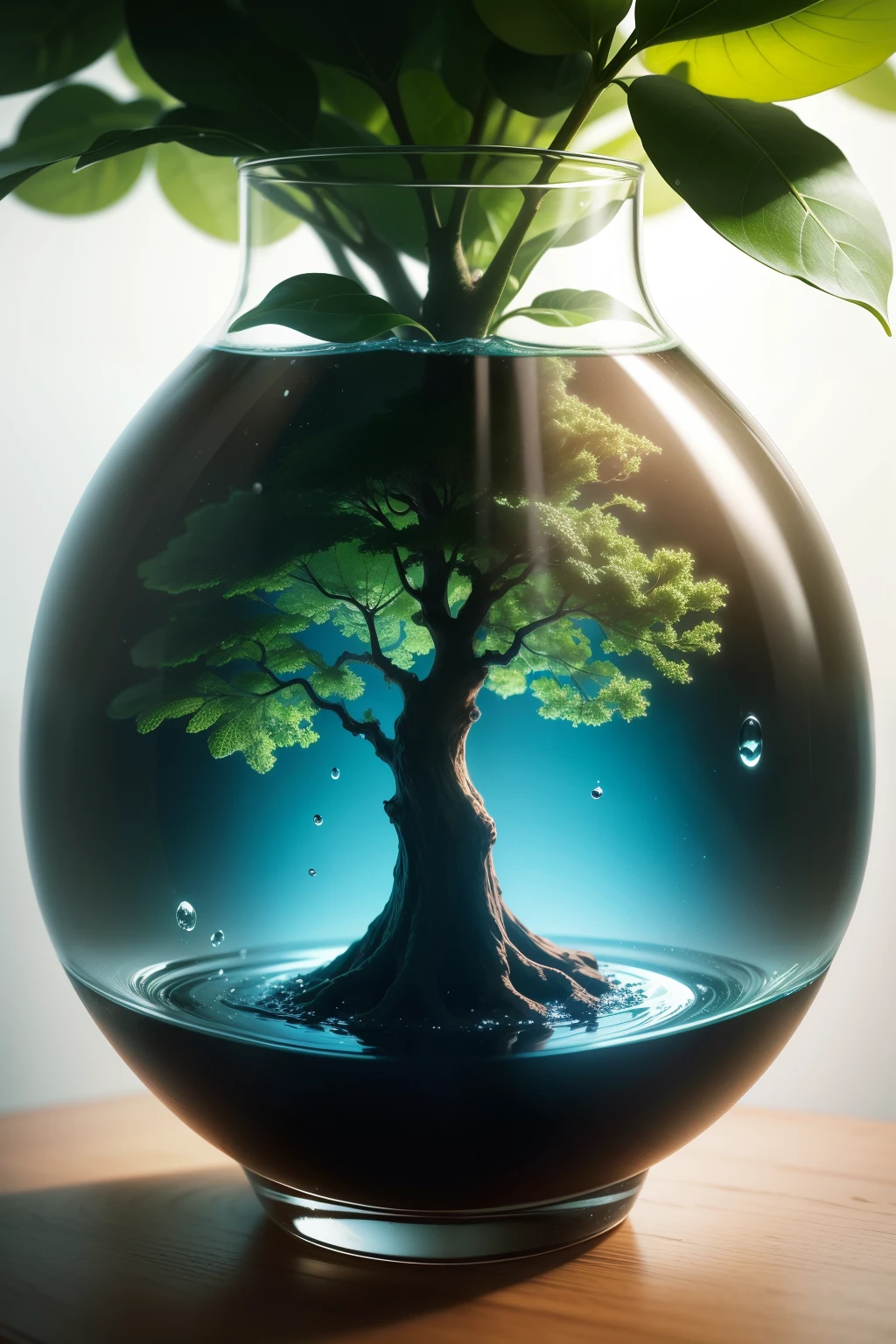 close up of a tree with a drop of water inside, Biotechnologie, nanogenomic code, nanotechnologie, nano-noyau, Plants grown in scientific glassware, Biotechnologie, Organic nanogenomics, nano gene code