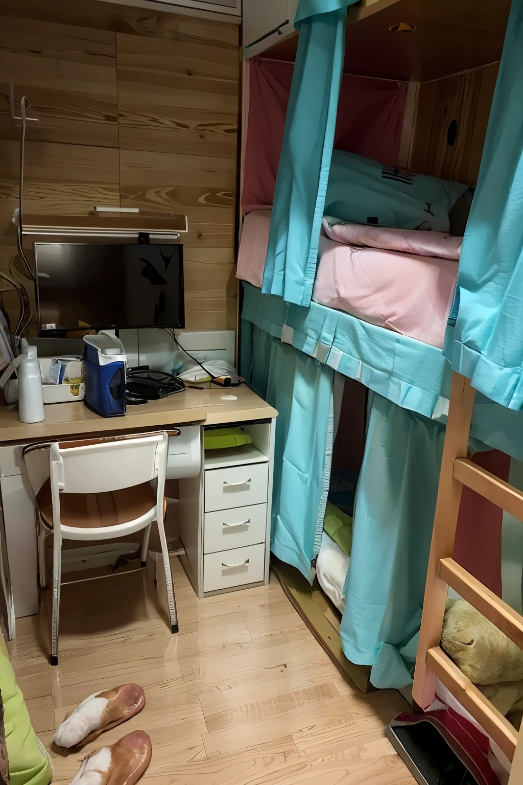there is a bunk bed with a table and a dog on the floor, uma cadeira no quarto, com um beliche, taken on a 2010s camera, fotografia da sala ios 3d, quarto de estudante pequeno e aconchegante, quarto pequeno in tokyo, last photo, tiro no quarto, foto tirada em 2018, quarto pequeno, centre image, Quarto de hospital, high resolution photo