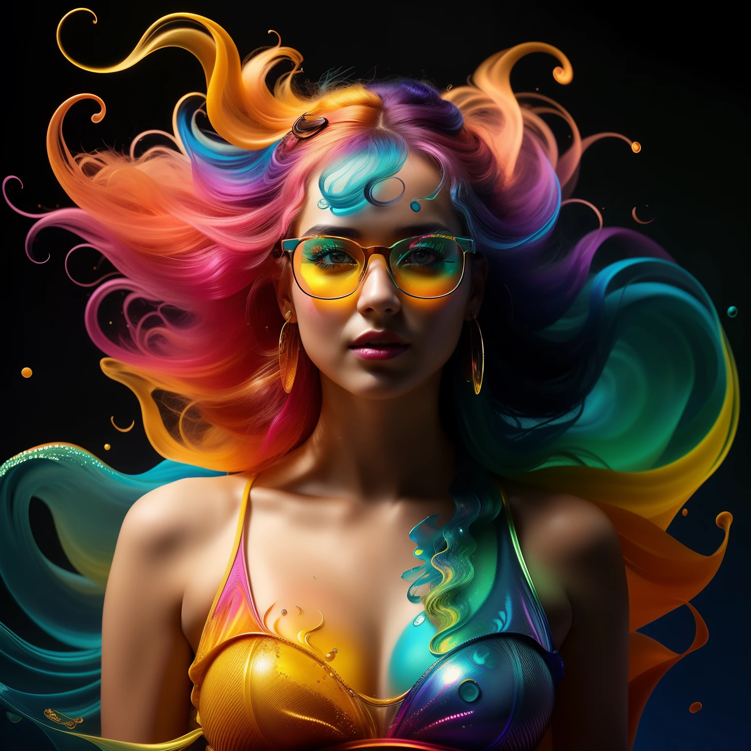 obra-prima: 1.5, beautiful lighting, melhor qualidade, beautiful lighting, detalhes intrincados, everything in sharp focus, foco perfeito, foco masculino, rosto perfeito, extremamente bonito, nuances meticulosas, Supreme Resolution, 32K, ultra-definido, profundidade de campo extremamente rasa Imagem de 1 bela mulher, semelhante a vapor, wearing glasses, woman with colorful hair and flowing body that resembles steam on water, trabalho de beleza e complexidade, fantasma, prismatic glow elements, fluidez, rosto detalhado, dance, estilo alberto seveso, Camera settings to capture such a vibrant and detailed image would likely include: Canon EOS 5D Mark IV, Lente: 85mm f/1.8, f/4.0, ISO 100, 1/500 seg