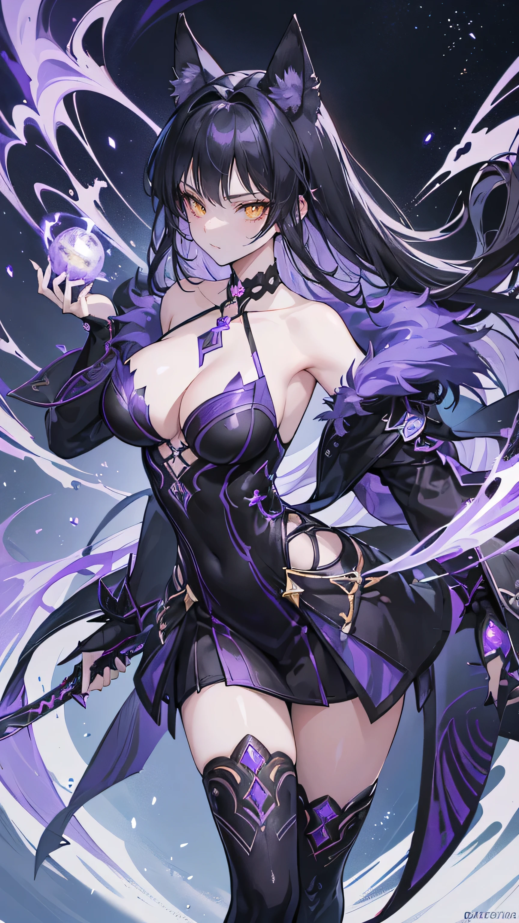 (((Tessa, the Vixen from naraka bladepoint game))), with flowing ((black purple hair)) and ((purple fox-ear ornaments)), wearing a dark purple dress revealiang her pretty legs wielding her dual short swords in a combat stance.
Tessa, the Vixen, with a playful smirk, her eyes sparkling, standing amidst a bustling market, her black dar purple hair flowing freely.
Tessa, the Vixen, with a calculating expression, her eyes narrowed, her hand resting on the hilt of her sword, a snowy mountain peak with the Temple of Arise in the distance.Tessa, the Vixen from Naraka Bladepoint, in a dynamic pose mid-air, wielding her frost-infused blades with glowing blue foxfire effects. Her black dark purple hair flows freely behind her, and her amber eyes sparkle with a mischievous glint. The background depicts a snowy mountain peak with the Temple of Arise faintly visible in the distance.detailed anime with vibrant colors and emphasis on dynamic action.capturing the essence of 90s anime, hunter eyes, (((extremly detailed background and character))), (((masterpiece))),(((high quality))), at night with pretty looking moon,black dark purple hair Flowing, vibrant red that cascades down her back in waves.
Accented with intricately woven gold ribbons or ornaments that resemble fox ears or tails.
Often kept loose and flowing, sometimes adorned with flowers or small bells. (((her eyes color are yellow color glowing predator eyes)))

(((her  yellow colored glowing eyes Striking amber eyes that hold a mix of playfulness and cunning.)))
Slightly upturned, contributing to her alluring and mischievous expression.
Makeup Usually minimal, with a focus on enhancing her natural beauty.


face features Delicately sculpted with smooth skin, defined cheekbones, and a slightly pointed chin.
Often playful and inviting, but can quickly shift to a calculating or even predatory look. (((dark purple dress))), high heels, (((purple fur accesory around her neck)))