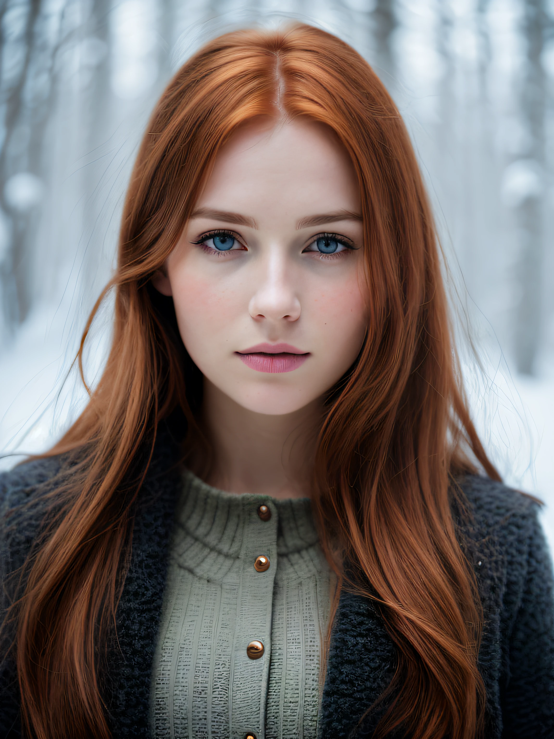 Close-up of a European woman, rote Haare, Winterwald, natural skin structure, 24mm, 4K-Texturen, weiches Kinolicht, RAW-Foto, Fotorealismus, Fotorealistisch, kompliziert, elegant, sehr detailliert, scharfer Fokus, ((((filmischer Look)))), soothing tones, crazy details, kompliziert details, hyperdetailliert, geringer Kontrast, weiches Kinolicht, muted colors, Belichtungsmischung, hdr, verblasst