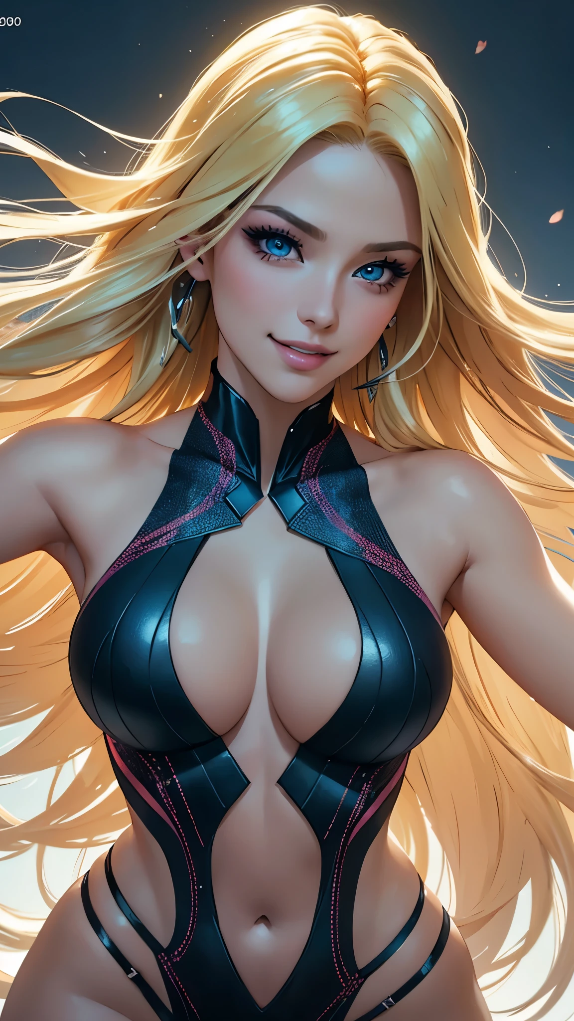 (best quality,ultra-detailed,photo-realistic:1.37),bright and vibrant colors,studio lighting,playful expression,stylish makeup,long blonde hair flowing in the wind,alluring eyes,glossy lips,sexy pose, X-men, 2099, smiling in a confident and seductive way,posing for a professional photoshoot,shallow depth of field,highlighting the main subject,soft natural lighting,creating a dreamy and magical atmosphere.