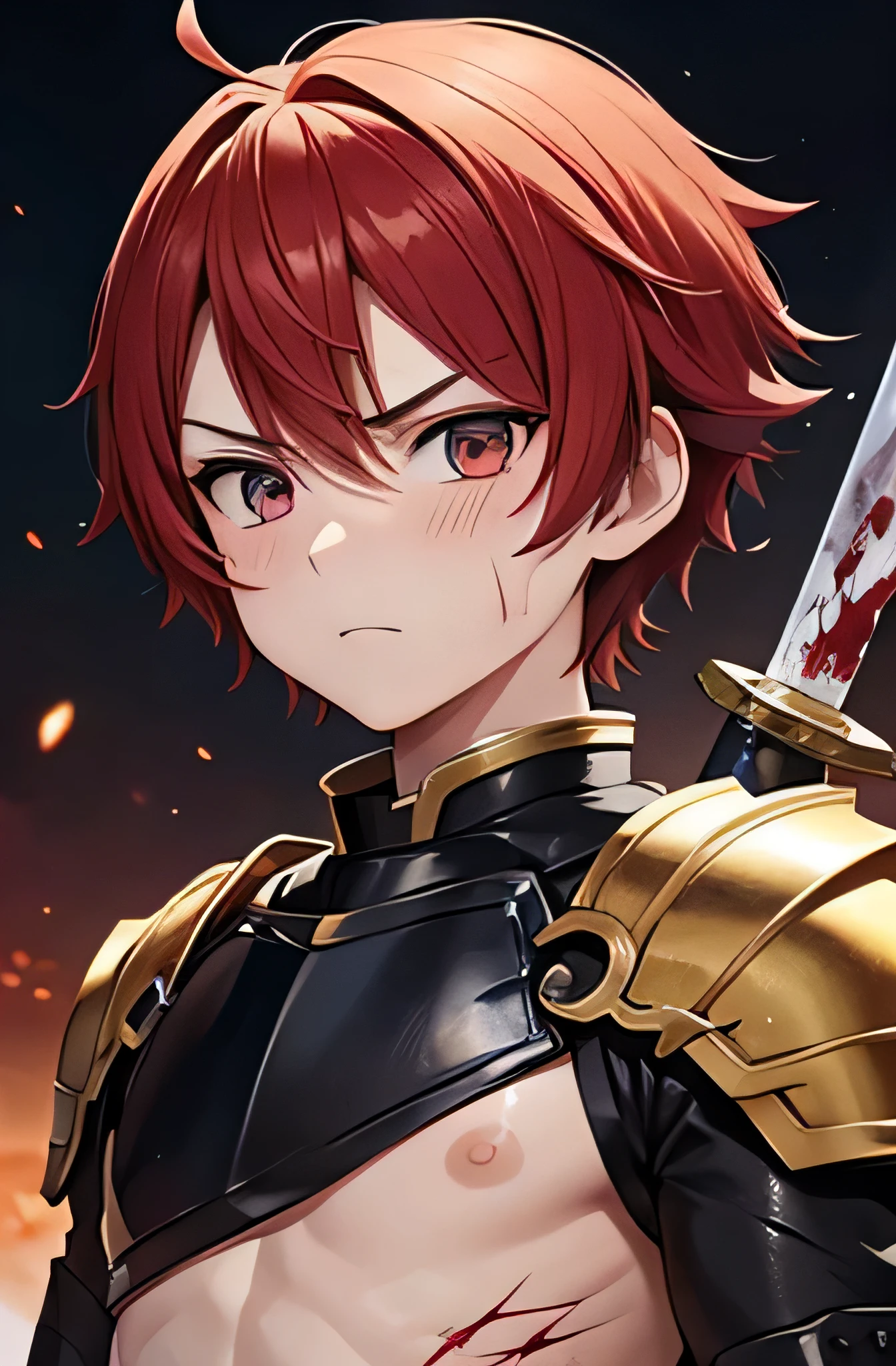 anime screenshot, very beautiful detailed anime face and eyes, incredibly detailed, whole body, 
boy, , cute, Under 10 years old, whole body, redhead, short hair, expression of anger, muscular, pale and tanned skin, (nipple), (Sengoku era armor), (have a sword), (battlefield), (Blood) wet body), (Body with many scars), (high resolution), (High precision)
