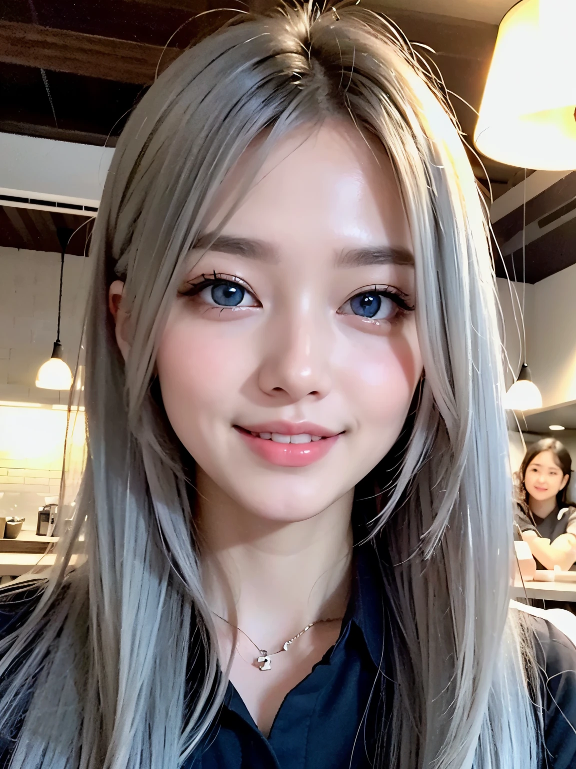 ((8k、sharp、masterpiece、highest quality、Realistic like a photo、perfect face、small face、very beautiful face、Fair skinで可愛い、Fair skin、gray hair、blue eyes、))、 19 years old、short hair、shiny skin, moist skin、Fair skin、日本のtop idol、cool girl、cute face、perfect face、japanese idol、top idol、19 years old:1.3、((流れるgray hair:1.4、美しいblue eyes:1.3、double eyelid、beautiful breasts、thin legs、girl with perfect style、gray hair、very well-groomed face、cute face、))、beautiful breasts、professional lighting、portrait shot、smile at the viewer、blush、((cafe staff uniforms:1.3、))、((cafe work))、cleavage、((she 仕事s at a cafe.&#39;))、&#39;stylish cafe、cool girl、She's smiling at me、smile、very cute、19 years old、gray hair:1.3、Fashionable uniforms、