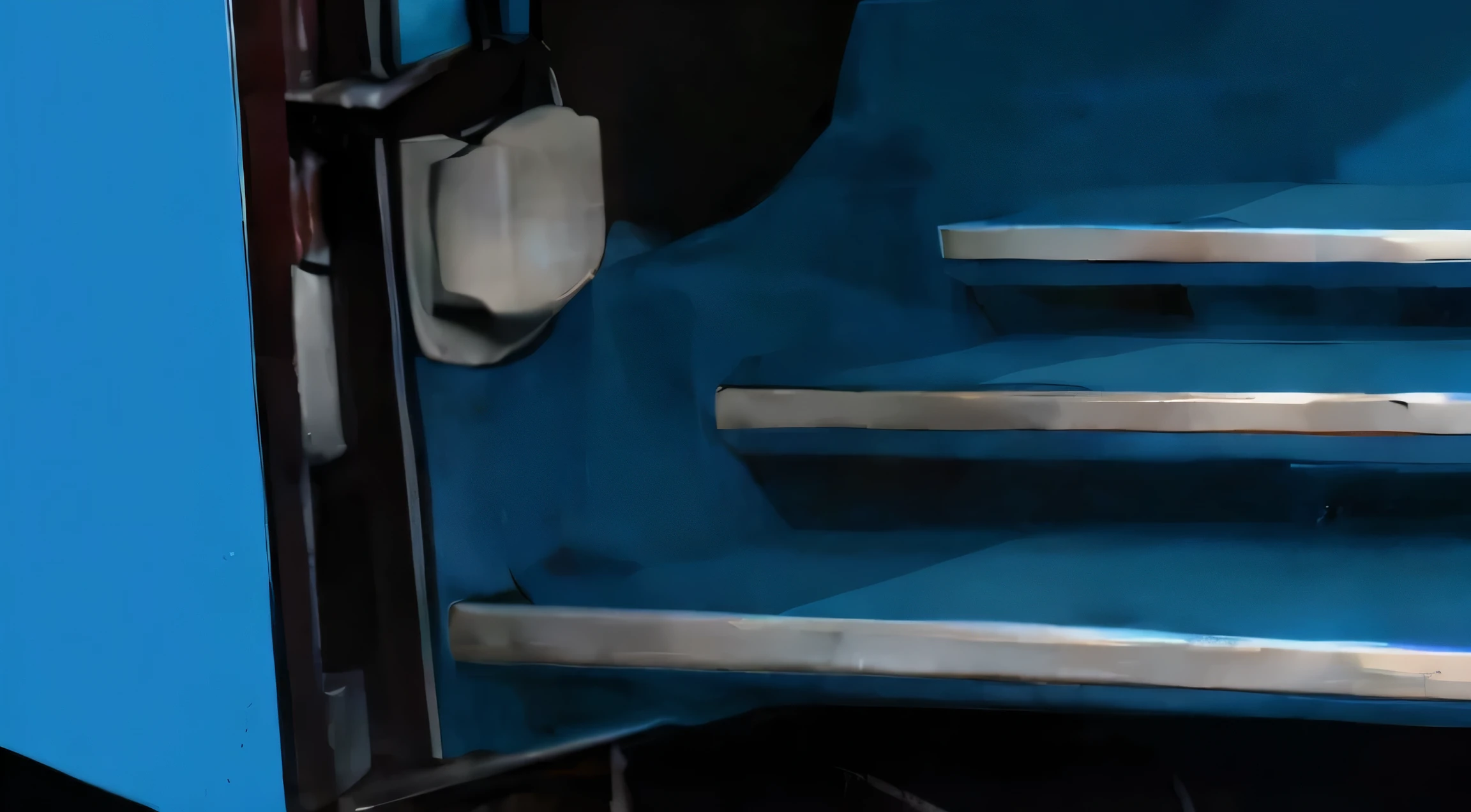 stair of a blue bus, blue color, steel, glowing, hard light, ,makoto shinkai style, anime rendering