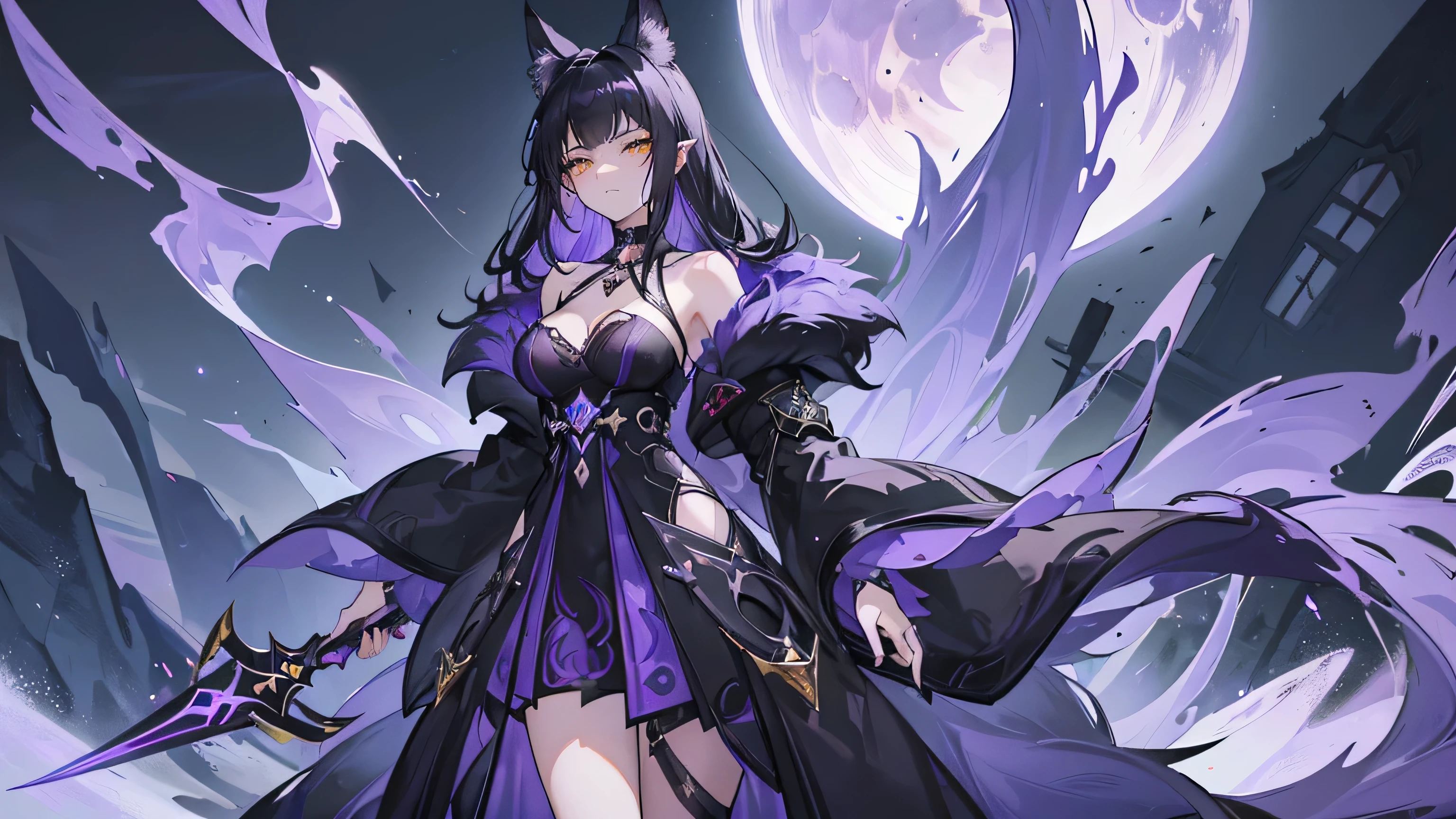 (((Tessa, the Vixen from naraka bladepoint game))), with flowing ((black purple hair)) and ((purple fox-ear ornaments)), wearing a dark purple dress revealiang her pretty legs wielding her dual short swords in a combat stance.
Tessa, the Vixen, with a playful smirk, her eyes sparkling, standing amidst a bustling market, her black dar purple hair flowing freely.
Tessa, the Vixen, with a calculating expression, her eyes narrowed, her hand resting on the hilt of her sword, a snowy mountain peak with the Temple of Arise in the distance.Tessa, the Vixen from Naraka Bladepoint, in a dynamic pose mid-air, wielding her frost-infused blades with glowing blue foxfire effects. Her black dark purple hair flows freely behind her, and her amber eyes sparkle with a mischievous glint. The background depicts a snowy mountain peak with the Temple of Arise faintly visible in the distance.detailed anime with vibrant colors and emphasis on dynamic action.capturing the essence of 90s anime, hunter eyes, (((extremly detailed background and character))), (((masterpiece))),(((high quality))), at night with pretty looking moon,black dark purple hair Flowing, vibrant red that cascades down her back in waves.
Accented with intricately woven gold ribbons or ornaments that resemble fox ears or tails.
Often kept loose and flowing, sometimes adorned with flowers or small bells. (((her eyes color are yellow color glowing predator eyes)))

(((her  yellow colored glowing eyes Striking amber eyes that hold a mix of playfulness and cunning.)))
Slightly upturned, contributing to her alluring and mischievous expression.
Makeup Usually minimal, with a focus on enhancing her natural beauty.


face features Delicately sculpted with smooth skin, defined cheekbones, and a slightly pointed chin.
Often playful and inviting, but can quickly shift to a calculating or even predatory look. (((dark purple dress))), high heels, (((purple fur accesory around her neck))) focus on hands only two hands