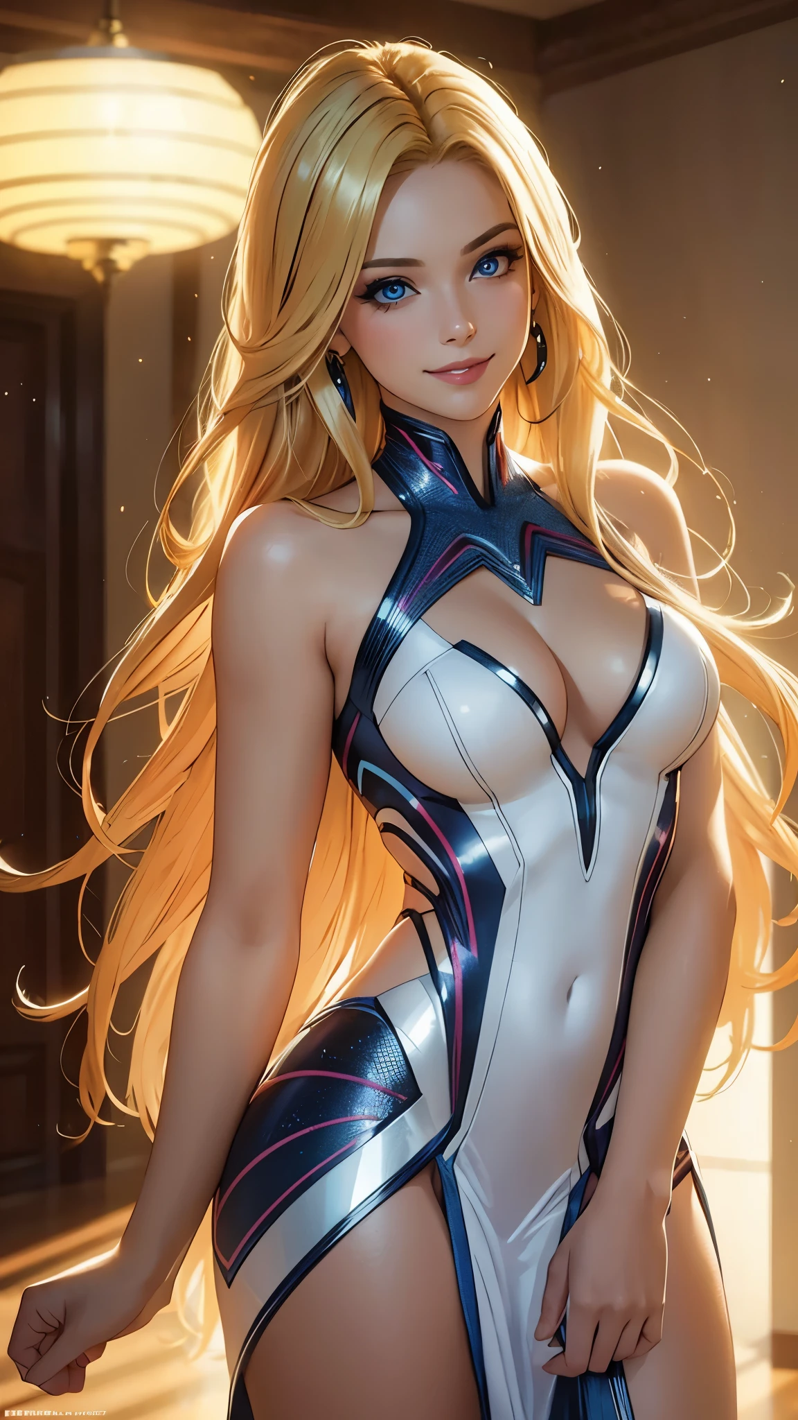 (best quality,ultra-detailed,photo-realistic:1.37),bright and vibrant colors,studio lighting,playful expression,stylish makeup,long blonde hair flowing in the wind,alluring eyes,glossy lips,sexy pose, X-men, 2099, smiling in a confident and seductive way,posing for a professional photoshoot,shallow depth of field,highlighting the main subject,soft natural lighting,creating a dreamy and magical atmosphere.