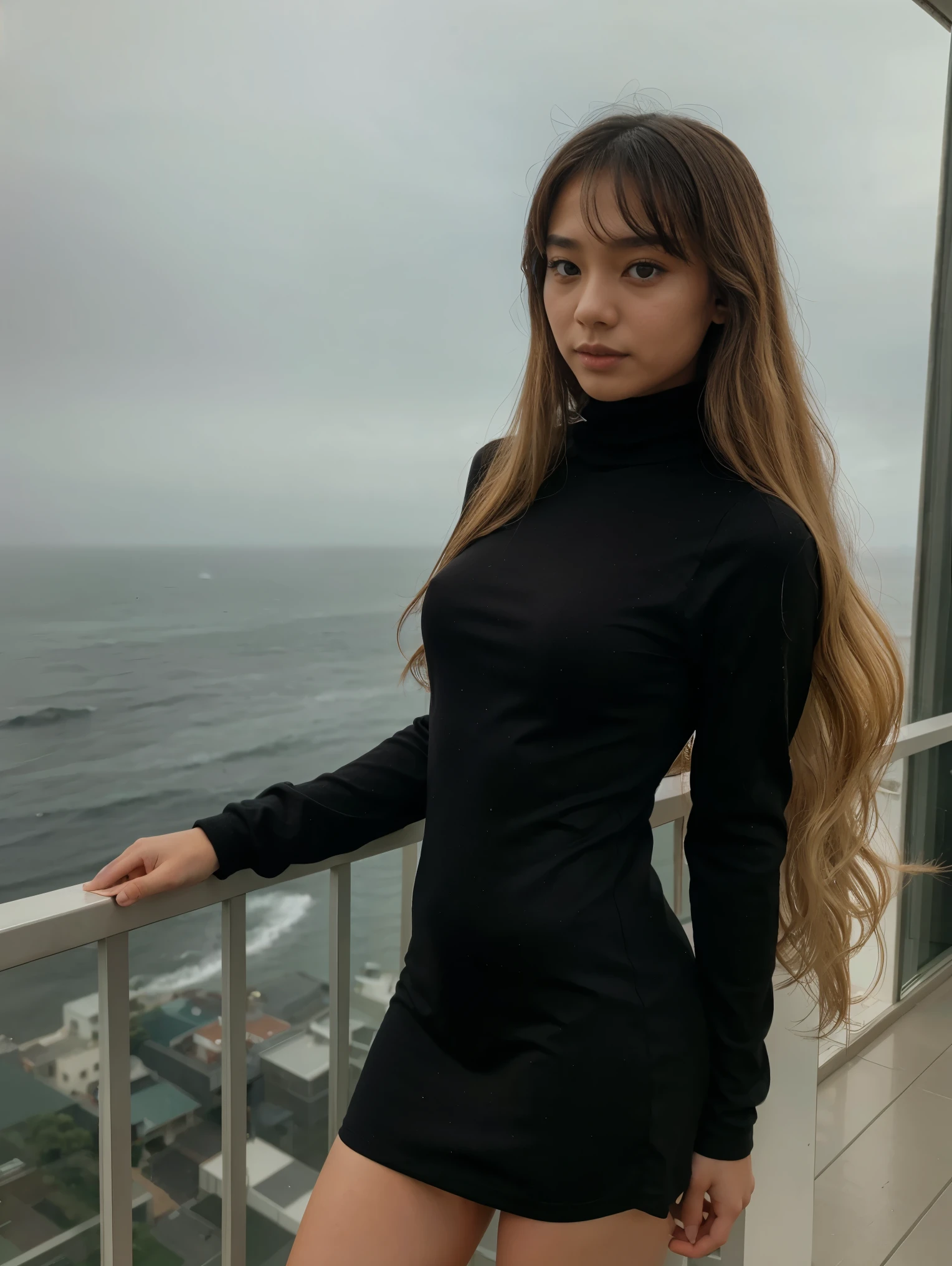 asian girl with blonde long curly hair wearing a black turtleneck mini dress On a foggy day with the view of the ocean