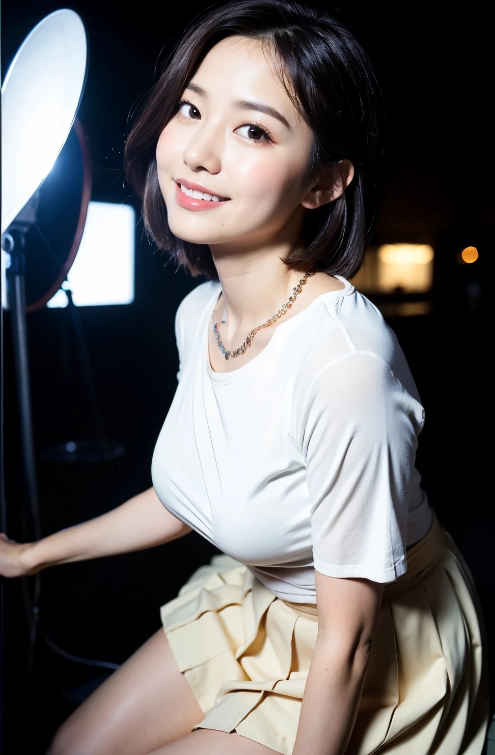 ((8k:1.27)、highest quality、masterpiece、超A high resolution:1.2)beautiful chinese woman in photo(fun:1.1) (shirt:1.21) grace、There are good ones、gradient lighting、1 girl、delicate skin、Look at this、brown eyes、(short hair with bangs:1.2)、(big chest:1.0)、(medium areola:0.8)、(realistic:1.4)、(highest quality:1.0)、(超A high resolution:1.0)、8k、Underwear section、dress room、stand、stand upright、Department store、Raw photo、(masterpiece:0.2)、(Pueros face_v1:0.5)、 black clothes、See-through、pleated skirt、No sleeve、necklace、Kamimei、date、excited look、red cheeks、Do you need it?、While looking at this、theme、lean、firm cheeks、Look at this、smile、Futomo、sandals、beautiful thighs、A little chubby、beautiful thighs、Angle from the front、Composition looking up from a little below..、