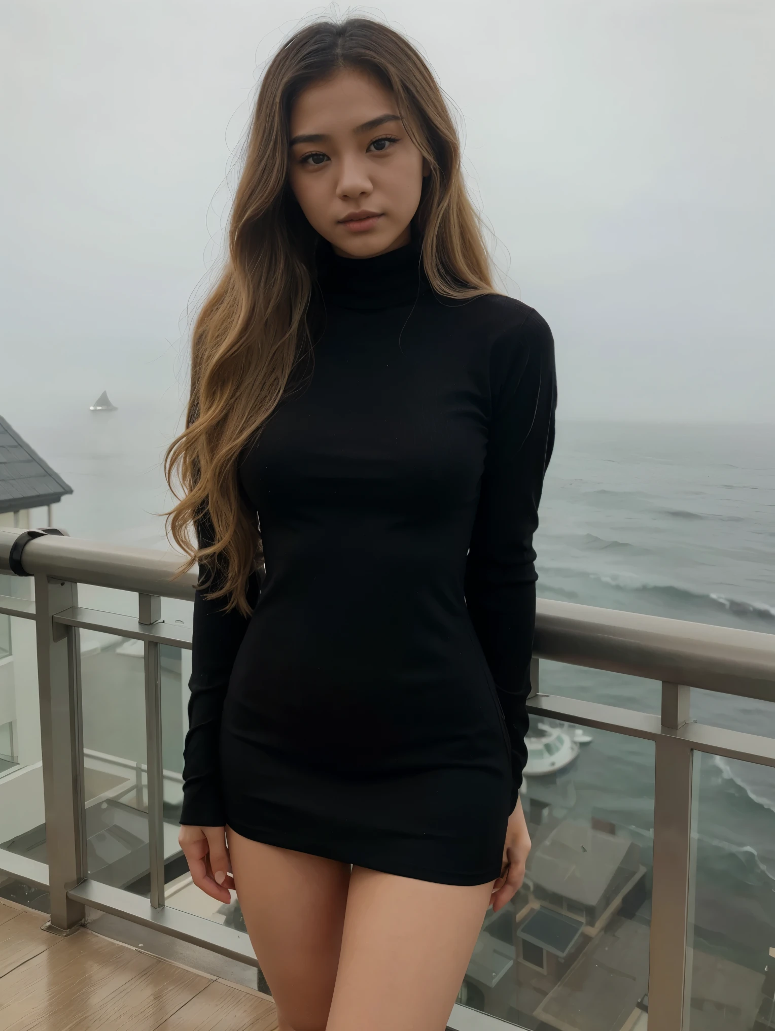 teen asian girl with blonde long curly hair wearing a black turtleneck mini dress On a foggy day with the view of the ocean