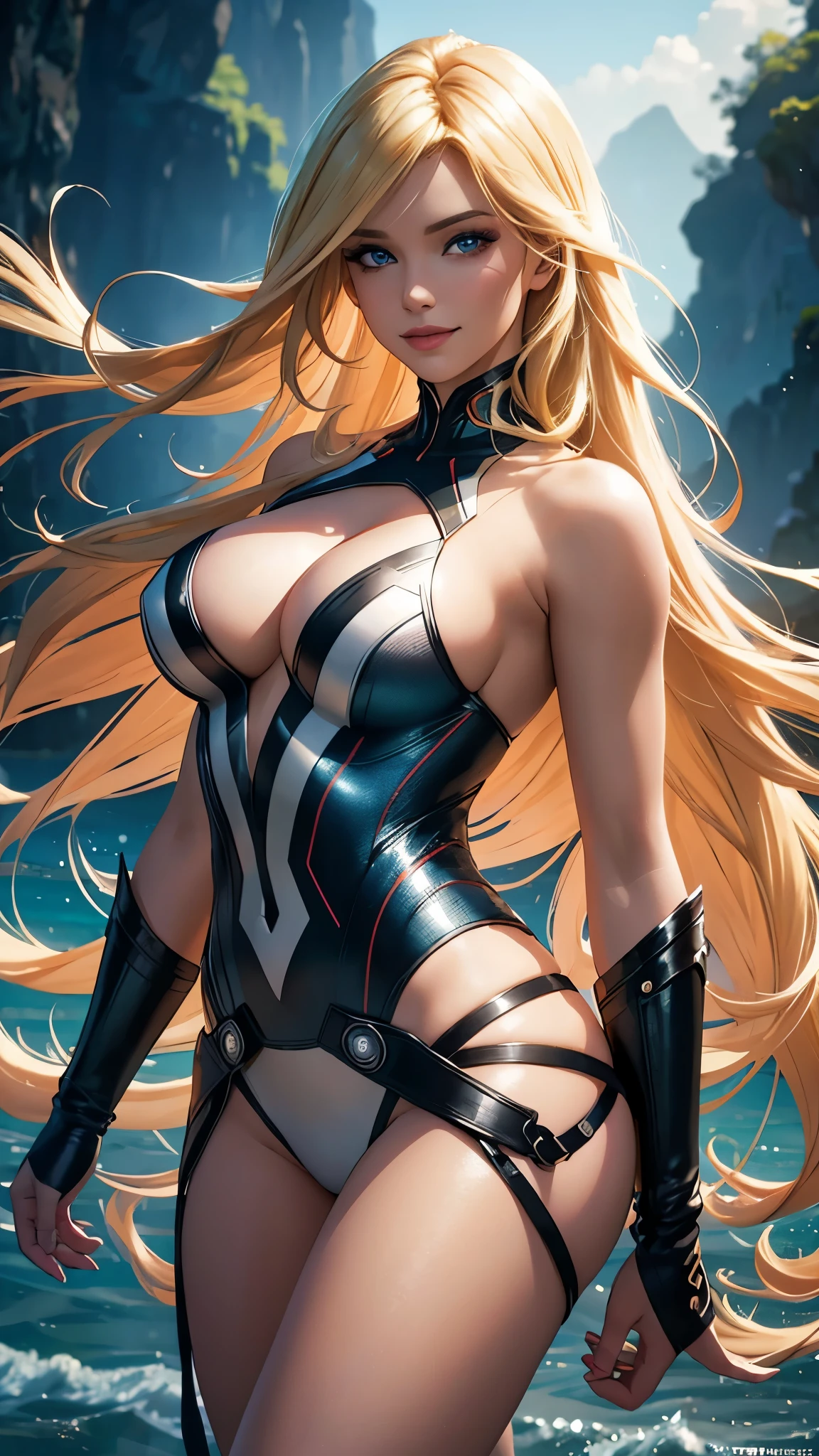 (best quality,ultra-detailed,photo-realistic:1.37),bright and vibrant colors,studio lighting,playful expression,stylish makeup,long blonde hair flowing in the wind,alluring eyes,glossy lips,sexy pose, X-men, 2099, smiling in a confident and seductive way,posing for a professional photoshoot,shallow depth of field,highlighting the main subject,soft natural lighting,creating a dreamy and magical atmosphere.