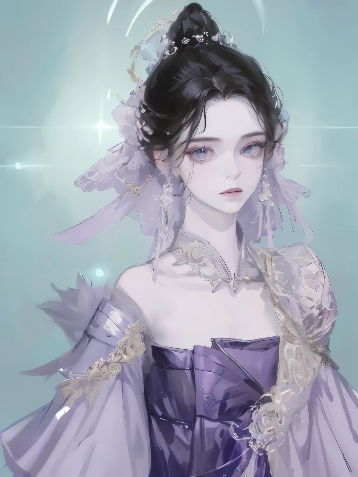 A girl before the age of 13,pale skin,long, Black straight hair. big dark eyes , Strong and mysterious expression. Dressed in Orphan Movie Costume Style, more elegant、A more refined touch, Something to match her mysterious and strong personality.. comprehensive, Her appearance is sure to turn heads, Attract curious and curious eyes. flat chest, light, Color difference, backlight, masterpiece, high detail, high quality, 4k.