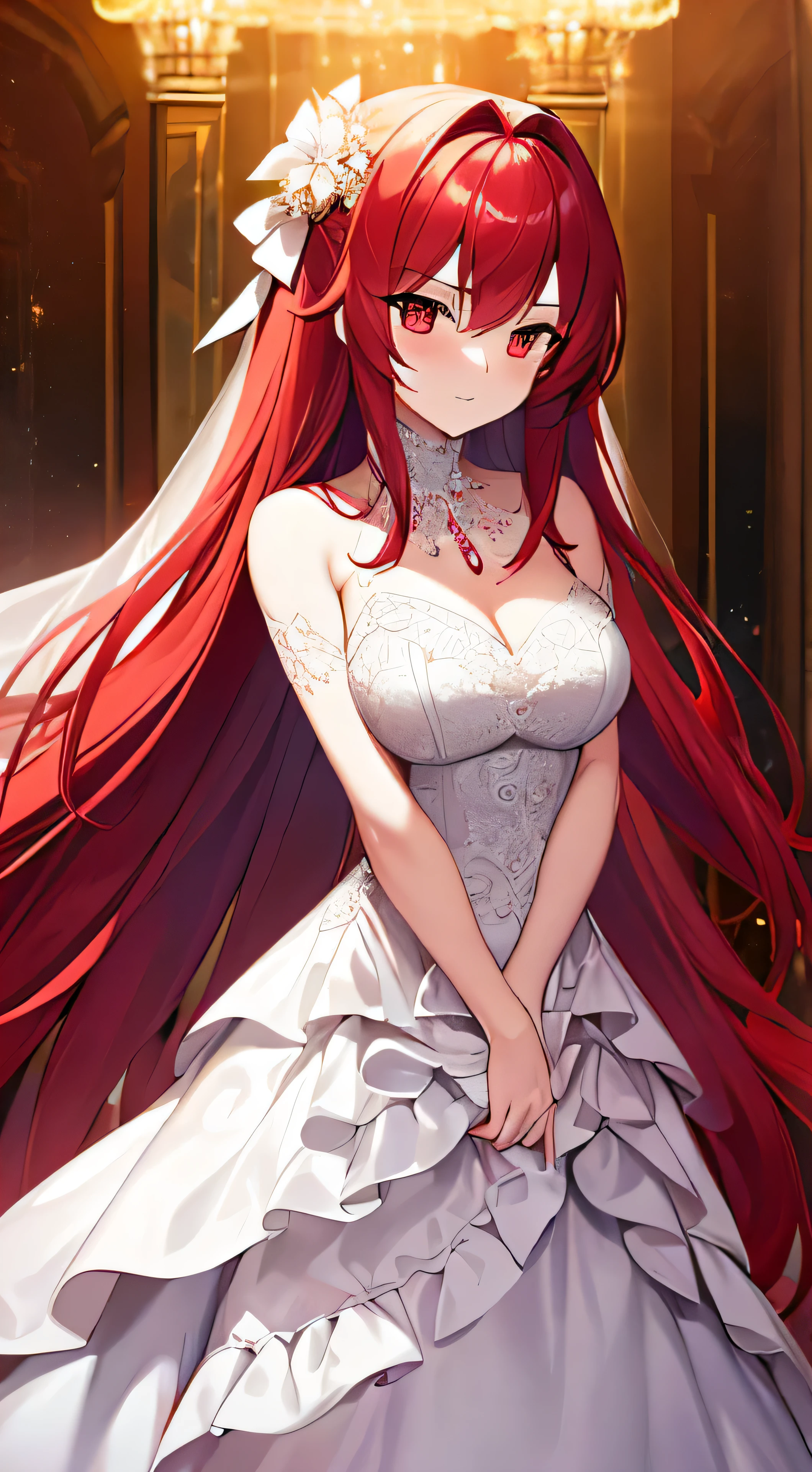 1girl in a masterpiece high-resolution illustration, with long red hair cascading down her shoulders, adorned in a stunning wedding dress. The room is filled with the romantic theme of a wedding, with bridal lingerie delicately peeking out from beneath the layers of her beautiful gown. Her eyes reflect a sense of joy and excitement, with sonic edges enhancing the crispness of every detail. Rias Gremory's elegant figure stands out against the simple, clean background, her long red hair adding a touch of drama to the scene. Her dress, adorned with intricate beading and lace, shimmers in the light, and the long train flows grace
