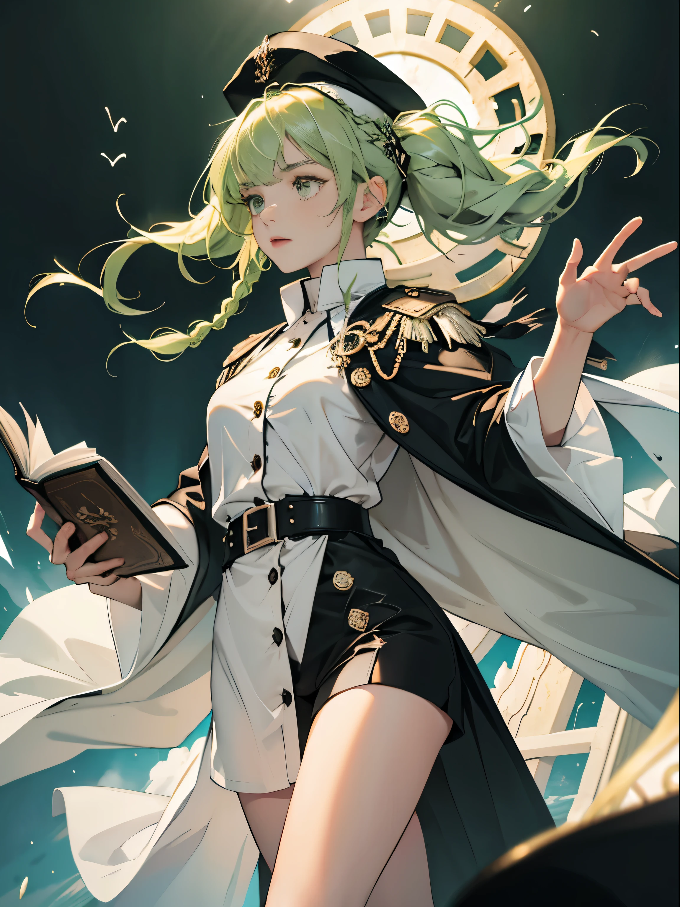 masterpiece, super detailed, 8K portrait, RAW photo, portrait photography, highly detailed face, beautiful and detailed eyes, ((fantasy)), young and beautiful, 22 years ago, (((droopy eyes))), dynamic pose, (((light green hair with medium wavy))), ((Braided twintails)), parted bangs, white skin color, luxury, (((Black Mortarboard Cap))), (((Long cloak of white silk))) fluttering in the wind, (((Many Button Shirt Dresses))), (((black shorts))), High Cut Leather Bootagic book in hand)), midday sun, surreal, body model, small breasts, beautiful breasts, long legs, inside the castle, environmental lighting, shadow details , Focus the camera on the thigh, strong wind, light fog