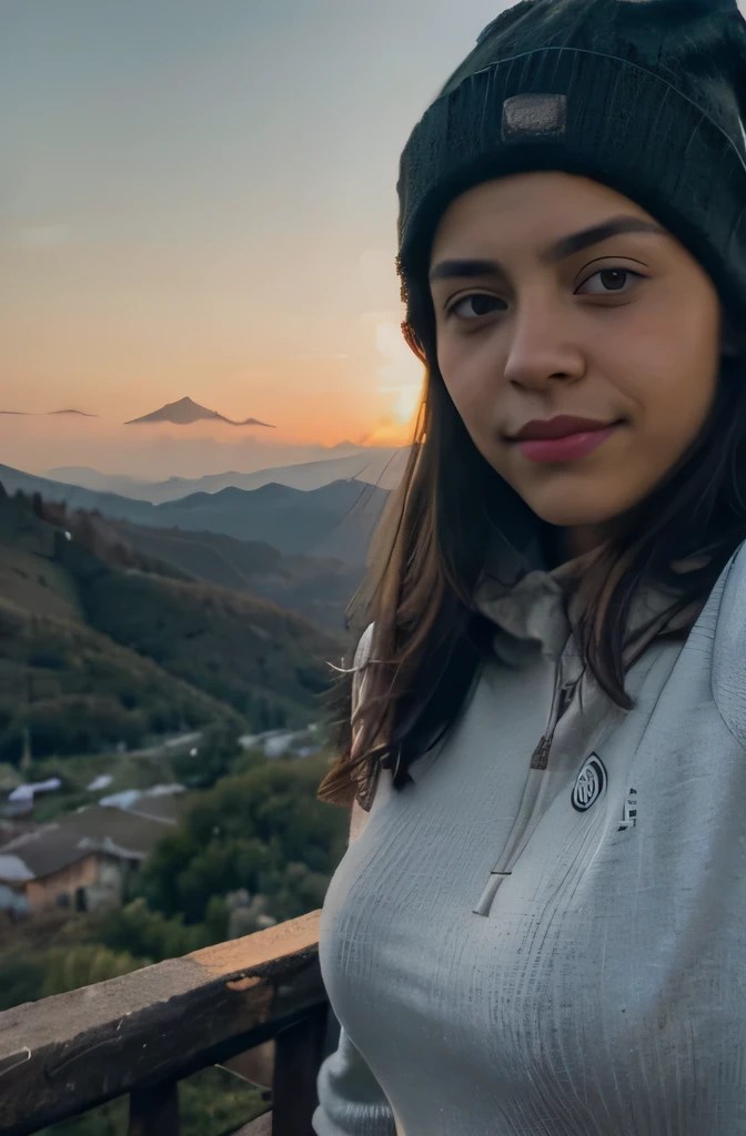 1 mujer morena, For the coffee ((parte superior del cuerpo selfie, Feliz)), Obra maestra, Mejor calidad, ultra detallado, solo, al aire libre, (Noche), mountains, Naturaleza, (estrellas, luna) feliz, Feliz, joven con gorro tejido en las mountains, vistiendo jersey gris, Mountain Clothing, Cold, tight mountain pants, Revealing pants in the style of mountain views., enfureciendo al espectador:1.2) (textura de la piel) (film grain:1.3), (warm tone, warm tone) :1.2), de cerca, cinematic light, side lighting, Ultra high resolution, Mejor sombra, CRUDO, parte superior del cuerpo, fondo de fogata con amigos, fondo de amigos alrededor de una fogata