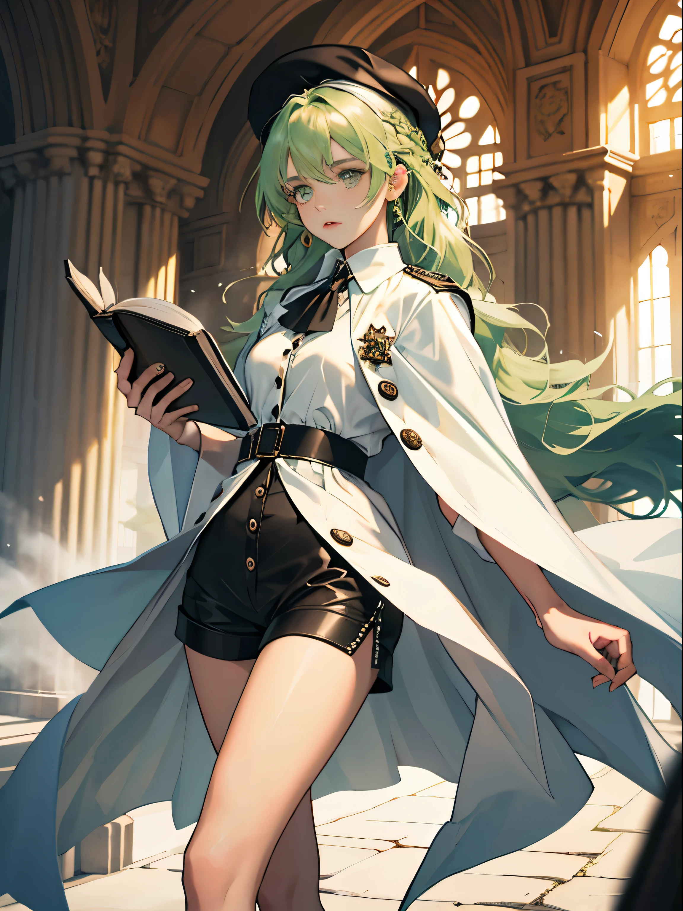 masterpiece, super detailed, 8K portrait, RAW photo, portrait photography, highly detailed face, beautiful and detailed eyes, ((fantasy)), young and beautiful, 22 years ago, (((droopy eyes))), dynamic pose, (((light green hair with medium wavy))), ((Braided twintails)), parted bangs, white skin color, luxury, (((Black Mortarboard Cap))), (((Long cloak of white silk))) fluttering in the wind, (((Many Button Shirt Dresses))), (((black shorts))), High Cut Leather Bootagic book in hand)), midday sun, surreal, body model, small breasts, beautiful breasts, long legs, inside the castle, environmental lighting, shadow details , Focus the camera on the thigh, strong wind, light fog