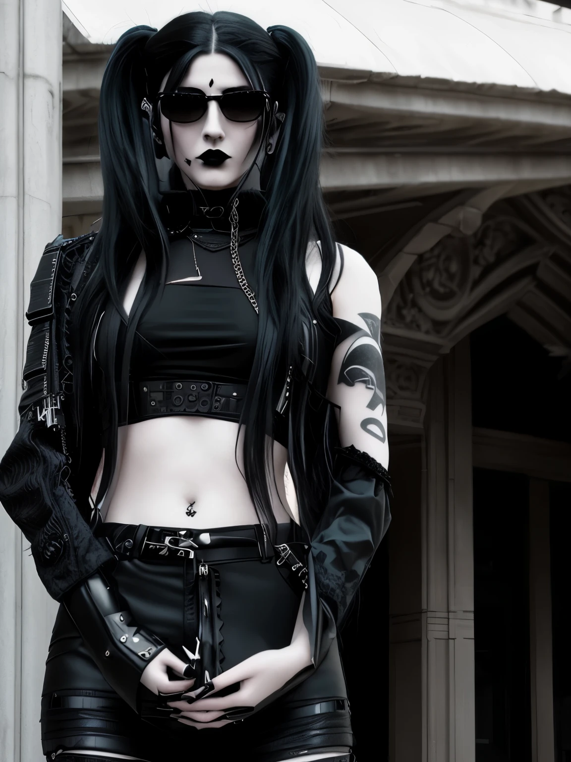 there is a woman with long hair and sunglasses in front of a building, gothic mall, gothic and futuristic, goth girl, estilo sombrio e sensual, gothic aesthetic, Estilo cyberpunk silenciado, roupa estilo cyberpunk, goth vibe, Gothic style, gothic chic, darkwave gothic aesthetic, gothic woman, Neo-Gothic, cybergothic, goth girl aesthetic, dirty goth, dystopian grunge