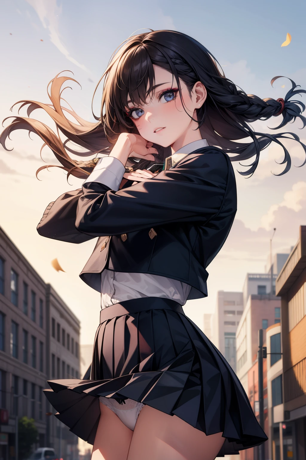 8K, flipping the skirt, white underwear, top quality, masterpiece, super detailed, super high resolution, girl, uniform, braided hair, make up, navy pleated skirt, strong wind, downtown