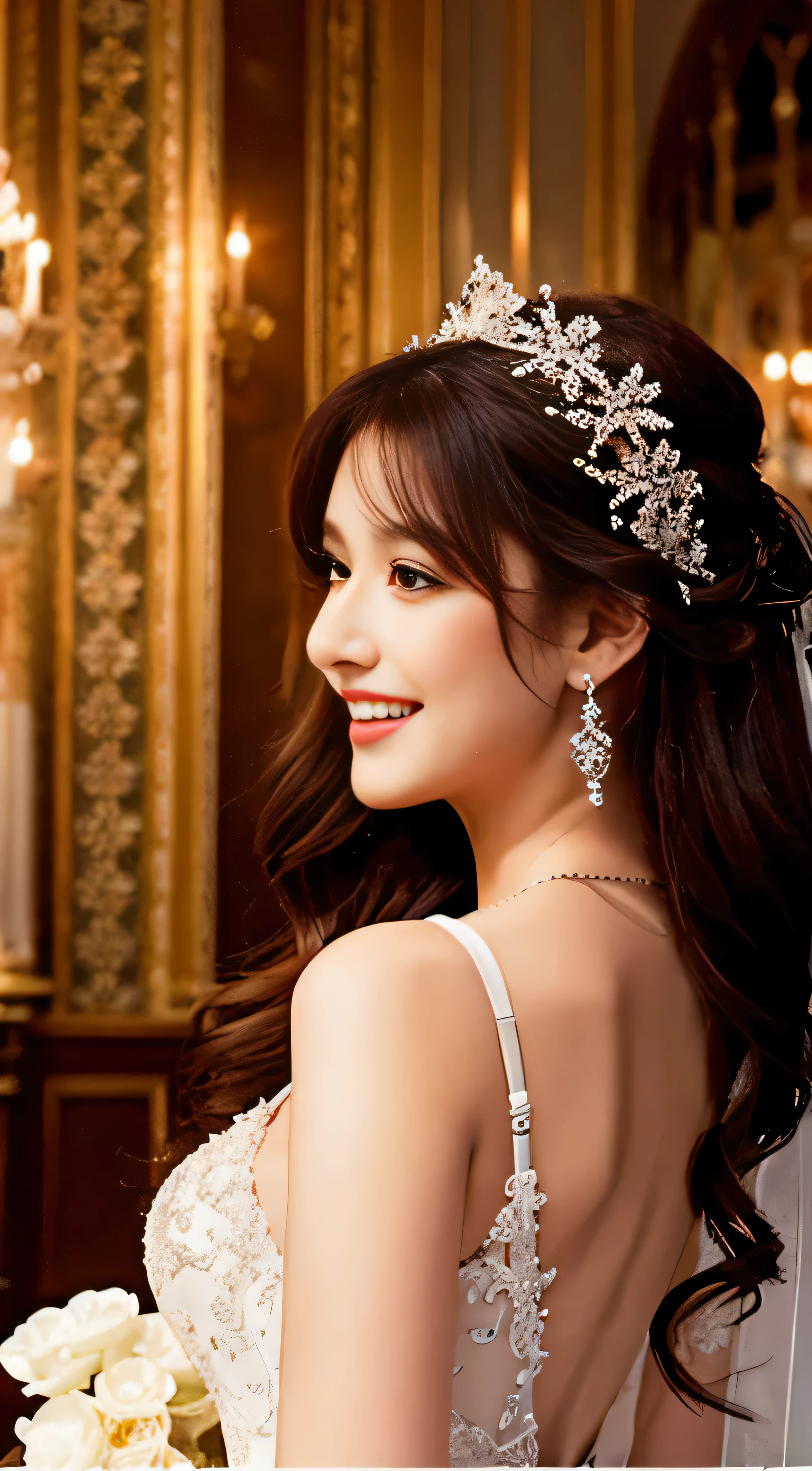 with high definition images，1girl in a masterpiece high-resolution illustration, with long red hair cascading down her shoulders, adorned in a stunning wedding dress. The room is filled with the romantic theme of a wedding, with bridal lingerie delicately peeking out from beneath the layers of her beautiful gown. Her eyes reflect a sense of joy and excitement, with sonic edges enhancing the crispness of every detail. Rias Gremory's elegant figure stands out against the simple, clean background, her long red hair adding a touch of drama to the scene. Her dress, adorned with intricate beading and lace, shimmers in the light, and the long train flows grace