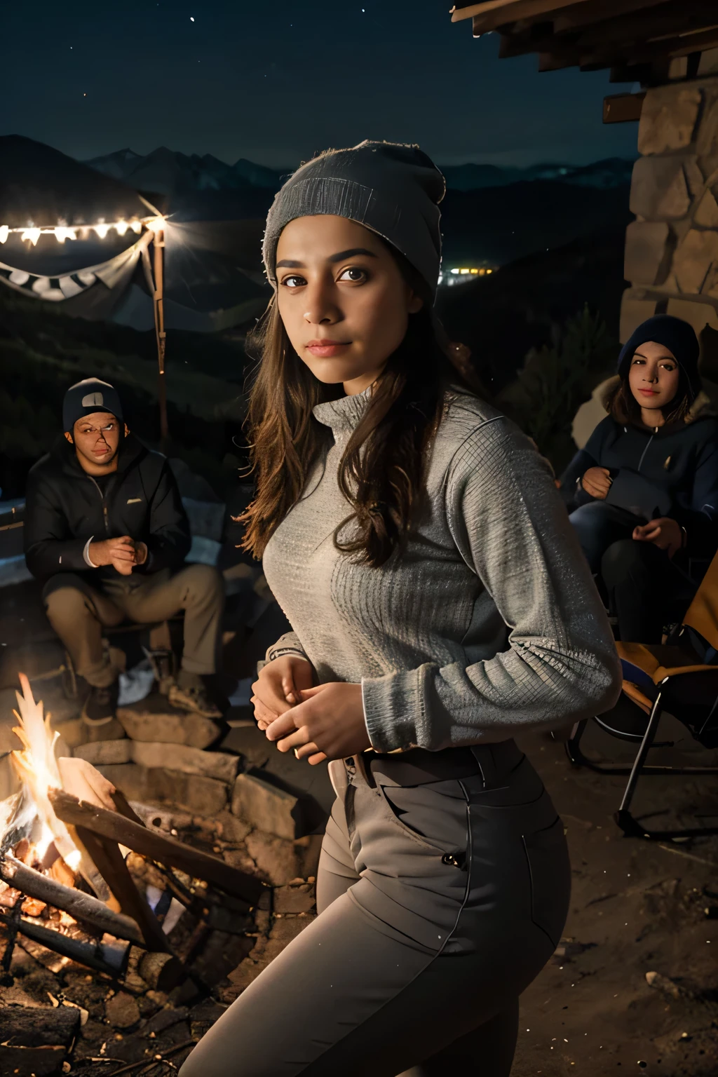 Retrato de mujer, joven con gorro tejido en las mountains, vistiendo jersey gris, Mountain Clothing, Cold, tight mountain pants, Revealing pants in the style of mountain views, accompanied by 3 young people, group of young people around a campfire, grupo de personas, al aire libre, (Noche), mountains, Naturaleza, (estrellas, luna), dynamic, elegant, Caras emotivas, viajar, rasgos faciales claros, lente de 35 mm, Decorative lighting, global illumination, night photography, fogata, campfire lighting
