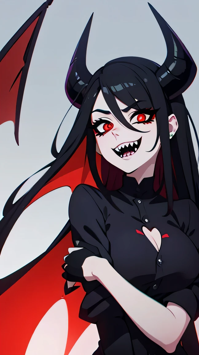 punk rock demon woman with long black hair, sharp teeth, glowing red eyes, bat wings on back, ram horns, hazbin hotel
