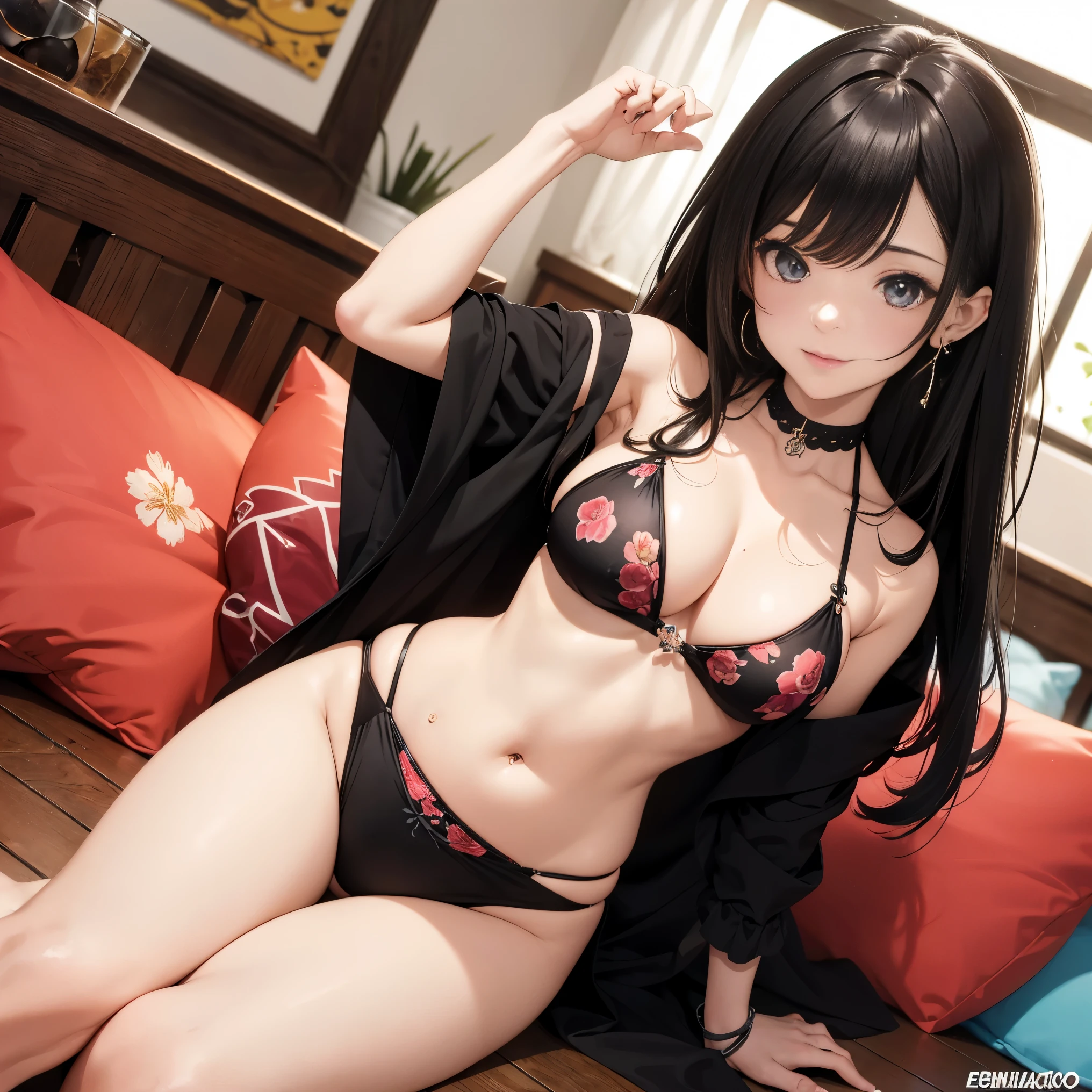 ((high resolution)), 4k, ((intrincado)), anime, anime sexy, Ecchi, ((my dress up-dealing)), ((kitagawa Marin)), Marin LoRa, ((1 girl)), feminina, delicada, olhos vermelhos, ((olhos detalhados)), ((cabelo longo)), blush, maquiagem leve, ((grande sorriso)), ((cabelo loiro)), seios grandes, seios perfeitos, ((bico do seio destacado)), fitness, ((corpo sensual)), umbigo, decote, joia, roupa de banho, bikini sexy, brincos, gargantilha, no quarto, pulseira, bikini Preto, parte de baixo do bikini com amarração lateral, halter neck, black gargantilha, piercing, ((estampa floral rosa)), piercing de orelha, bikini, bikini estampado preto