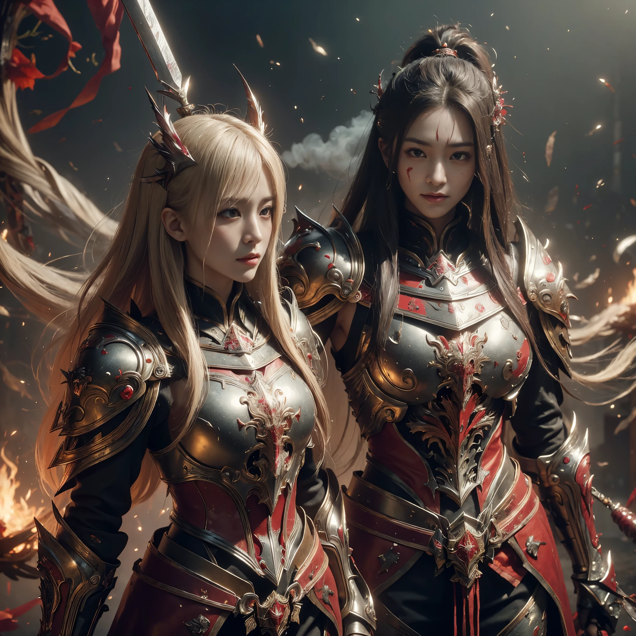 (((Realistic, masterpiece, best quality, crisp detail, high definition, high detail, sharp focus, perfect studio lightning))), 17 years old japanese girl wearing damaged armor, japan style armor, full body armor, full decorated golden armor, long straight hair, dirty, sweating, bloodstained face, blood scattered armor, bloodbath, carnage, swinging long blood scattered sword against cursed warriors, an epic war, fire everywhere, smoke everywhere, blood everywhere, death everywhere, japan edo period, brutal battle background