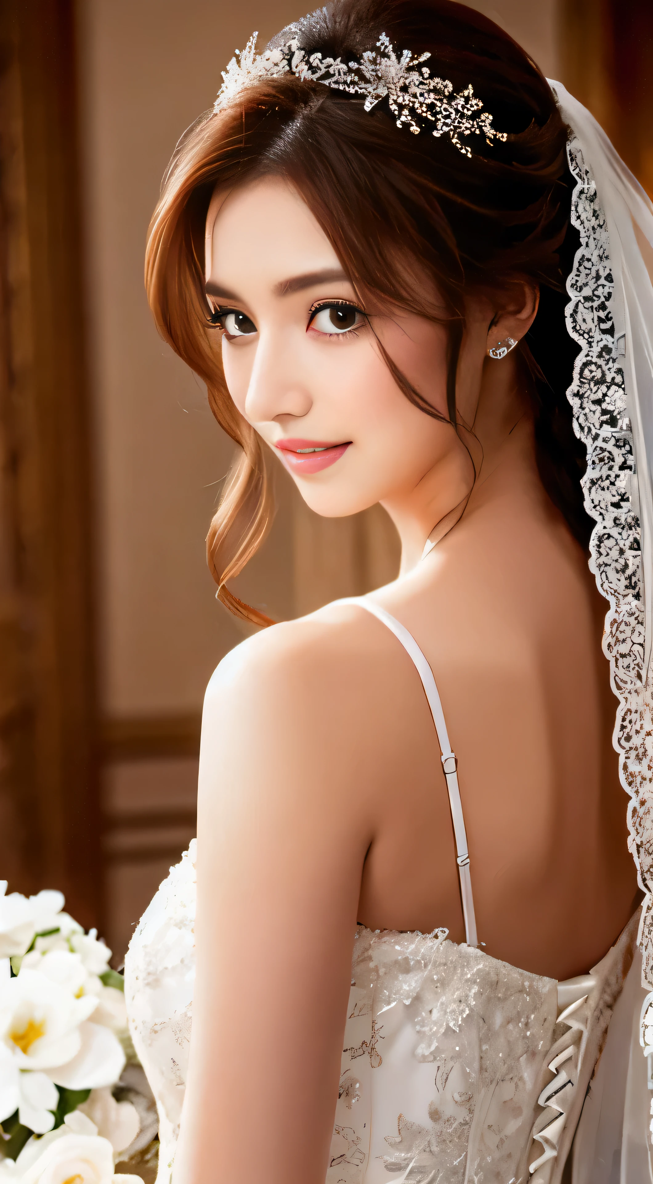 with high definition images,1girl in a masterpiece high-resolution illustration, with long red hair cascading down her shoulders, adorned in a stunning wedding dress. The room is filled with the romantic theme of a wedding, with bridal lingerie delicately peeking out from beneath the layers of her beautiful gown. Her eyes reflect a sense of joy and excitement, with sonic edges enhancing the crispness of every detail. Rias Gremory's elegant figure stands out against the simple, clean background, her long red hair adding a touch of drama to the scene. Her dress, adorned with intricate beading and lace, shimmers in the light, and the long train flows grace