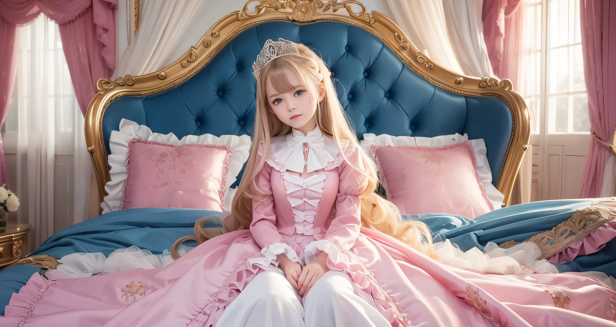 ,highest quality, masterpiece, highest resolution, artwork, super それにget used to it, many get used to it, get used to it, それにget used to it, 3K super high quality realistic photos,,(( When I was 10 years old)),Super detailed baby face,She is a princess,Full length ball gown dress with hoop skirt,ruffle yoke collar,puff sleeves,long sleeve,((Lolita style hot pink detailed princess satin dress、Comes with lots of frills and ribbons。)),colorful rococo fashion,shiny satin dress,Soft and smooth fabric,luxury,long blonde hair,blue eyes,white skin european,pajamas,((inside the palace)),,,(( When I was 10 years old)),Super detailed baby face,Full length ball gown dress with hoop skirt,long skirt,ruffle yoke collar,puff sleeves,腰まで伸びるlong blonde hair,blue eyes,white skin european,pajamas,((inside the palace bedroom)),ピンクのシルクサテンのluxuryなcanopy bedの上,canopy bed,luxurious curtains under the canopy,many frilly pillows on the bed,super detailed background,detailed bed,silk satin bed sheets,soft silk satin comforter,Soft silk satin ruffled pillow in pastel colors,little princess is sitting on the bed,legs are hidden in the dress,Don't put your feet out to the side,Beautiful girl illustration,detailed beautiful face detailed hair,detailed human eye ,detailed mouth, arm details,fine hands,Detailed pillow,Frilly pillows piled up behind the girl,
